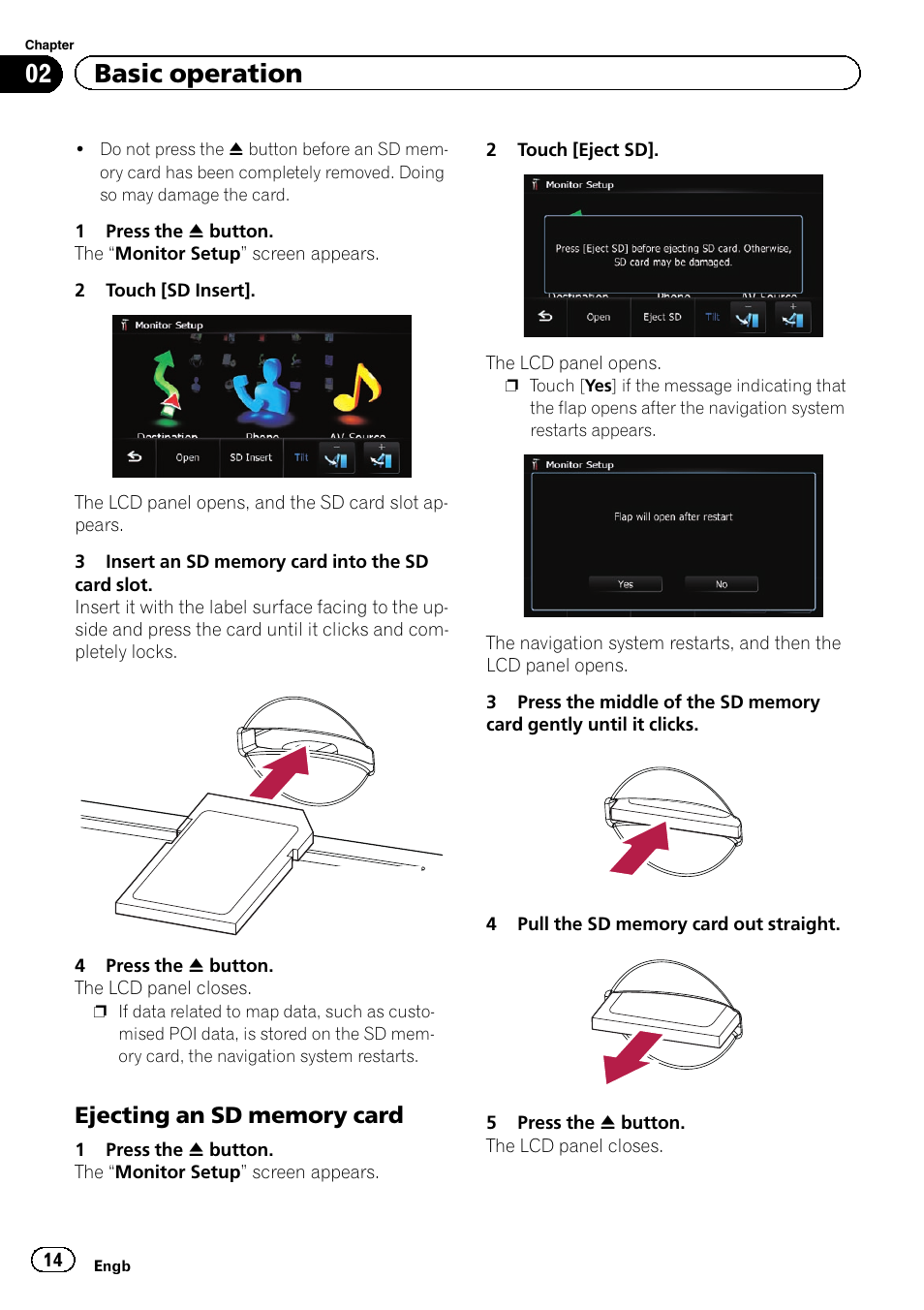 Ejecting an sd memory card 14, 02 basic operation | Pioneer AVIC-F20BT User Manual | Page 14 / 188