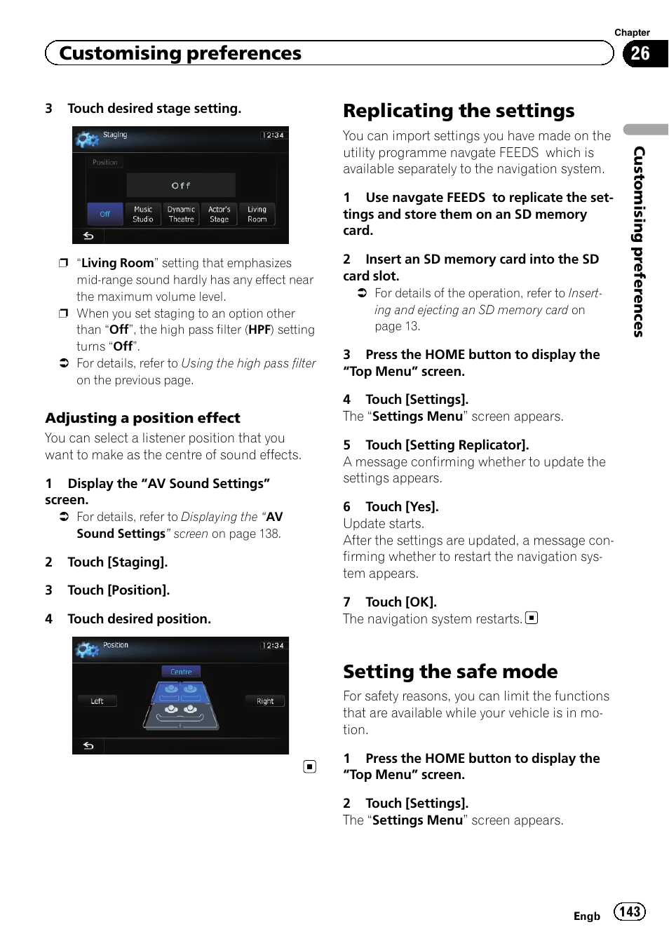 Replicating the settings, Setting the safe mode, Customising preferences | Pioneer AVIC-F20BT User Manual | Page 143 / 188