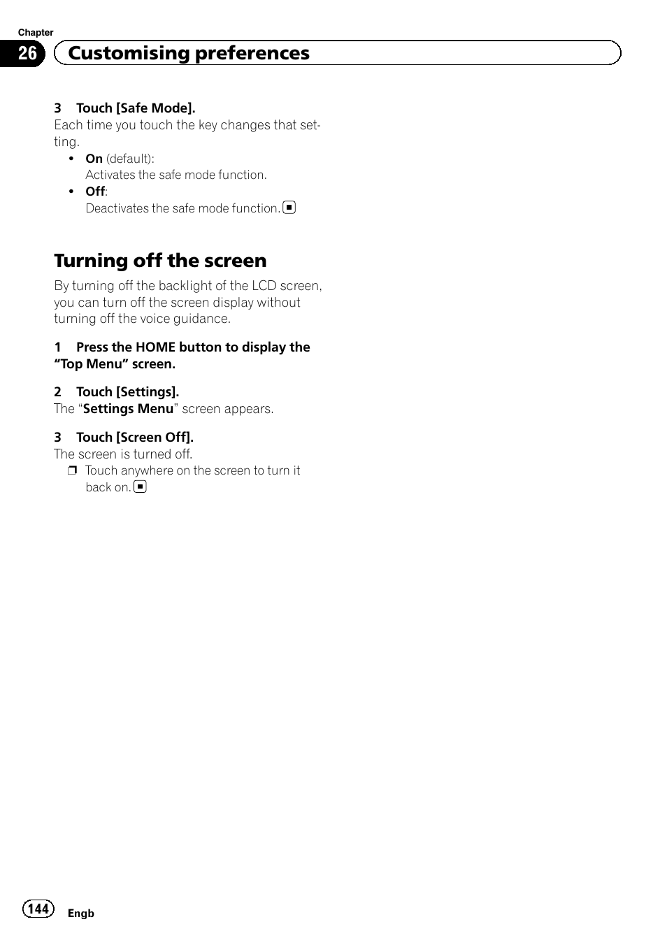Turning off the screen, 26 customising preferences | Pioneer AVIC-F20BT User Manual | Page 144 / 188