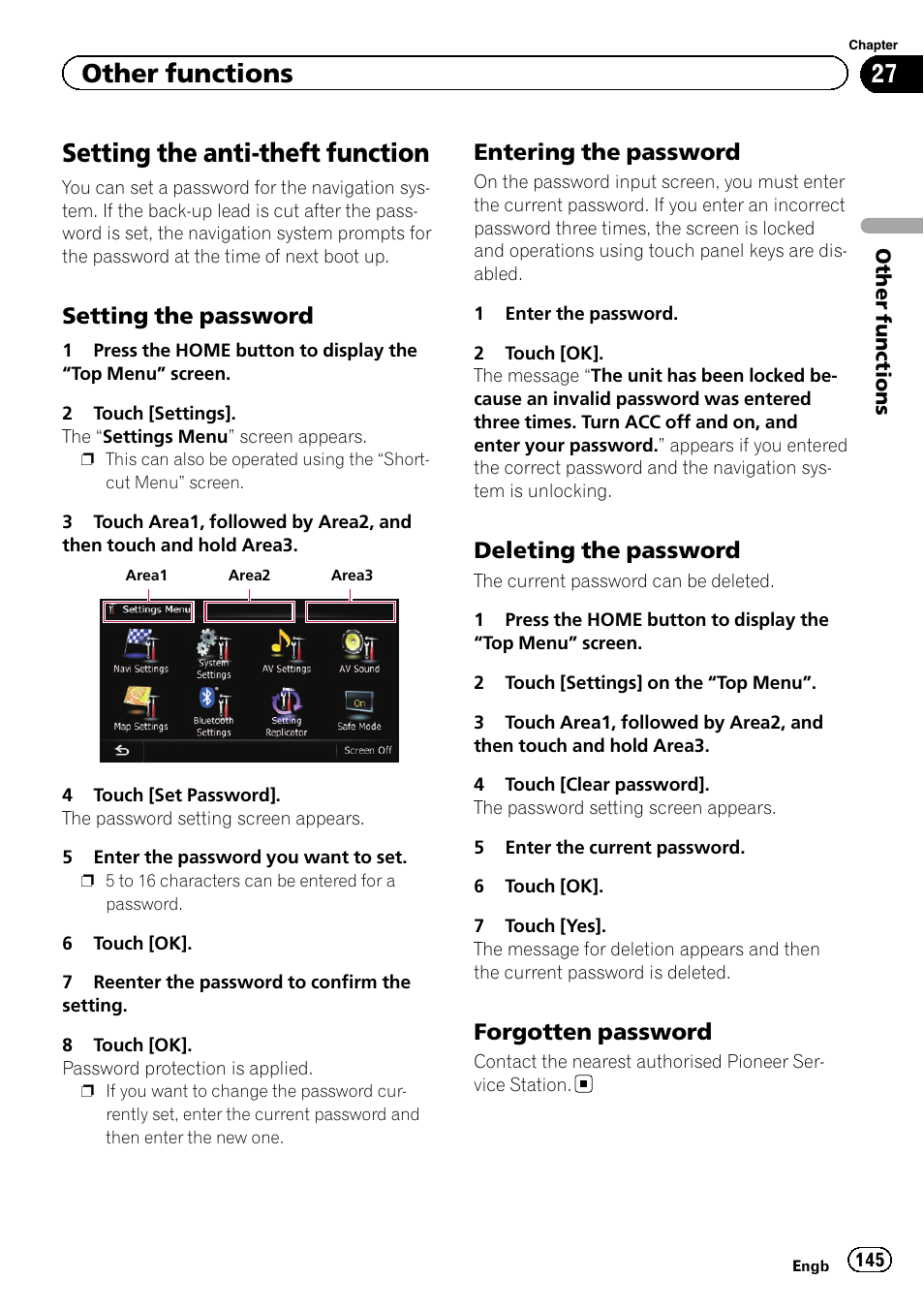 Other functions setting the anti-theft function, Setting the password 145, Entering the password 145 | Deleting the password 145, Forgotten password 145, Setting the anti-theft function, Other functions, Setting the password, Entering the password, Deleting the password | Pioneer AVIC-F20BT User Manual | Page 145 / 188