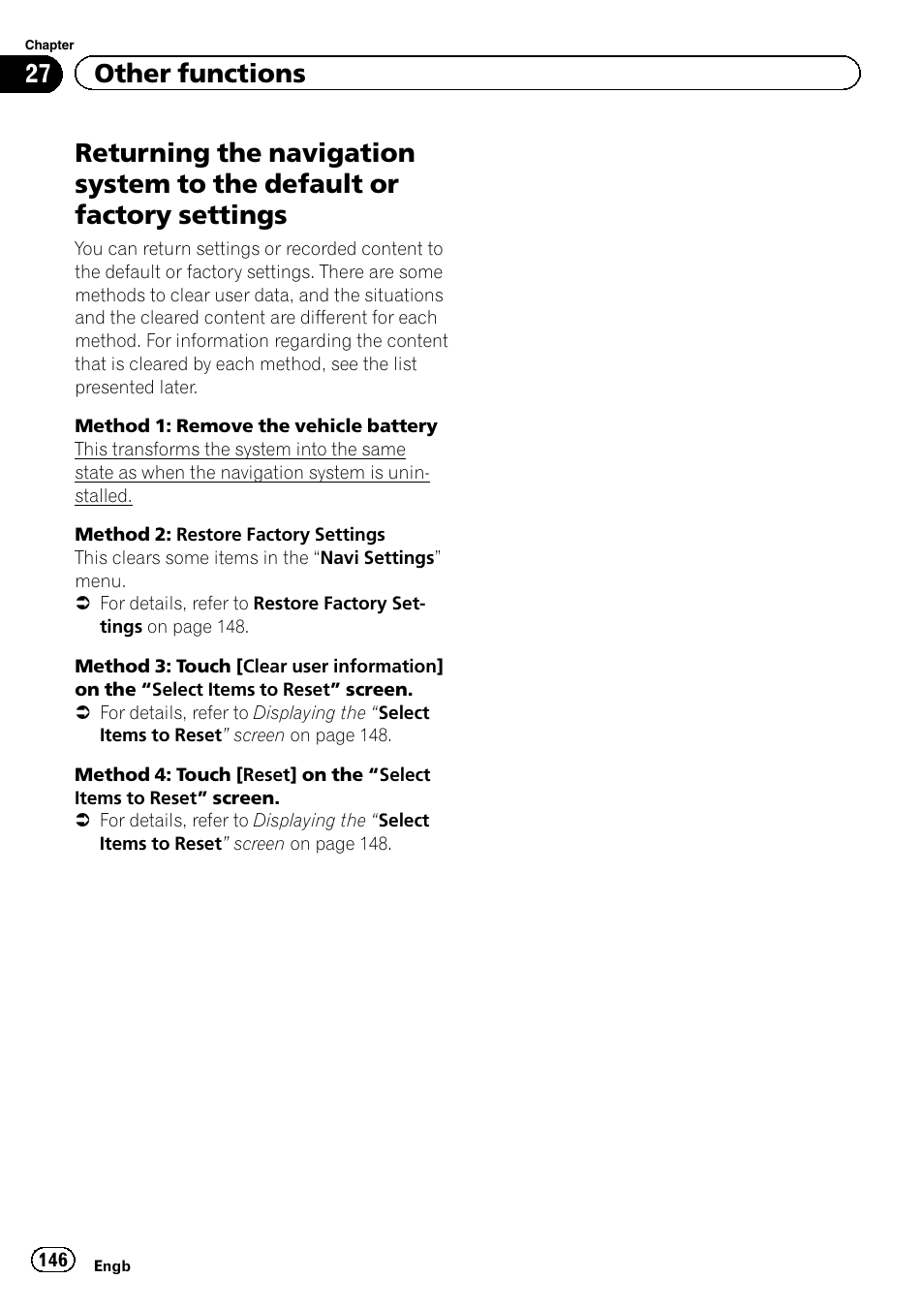 Returning the navigation system to the, Default or factory settings, Return | 27 other functions | Pioneer AVIC-F20BT User Manual | Page 146 / 188