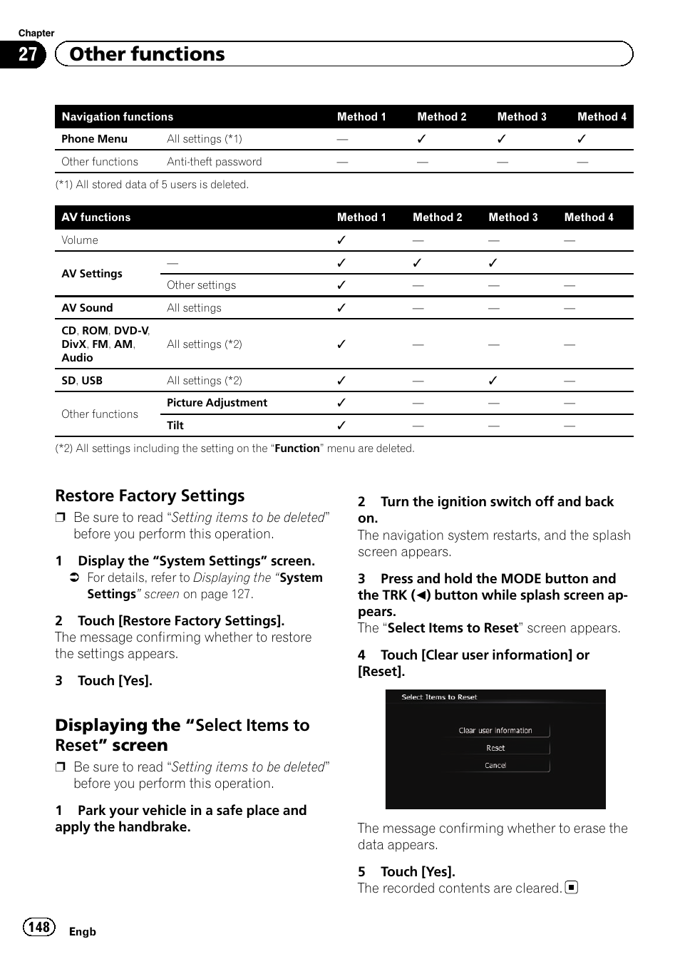 Restore factory settings 148, Displaying the “select items to reset, Screen | Restore factory set, Displaying the “select, Items to reset, 27 other functions, Restore factory settings, Displaying the “select items to reset ” screen | Pioneer AVIC-F20BT User Manual | Page 148 / 188