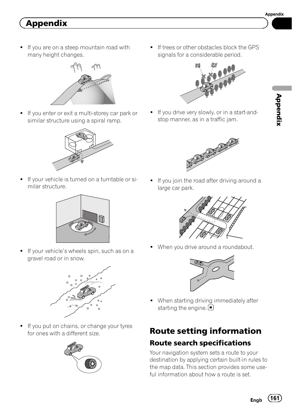 Route setting information, Route search specifications 161, Appendix | Route search specifications | Pioneer AVIC-F20BT User Manual | Page 161 / 188