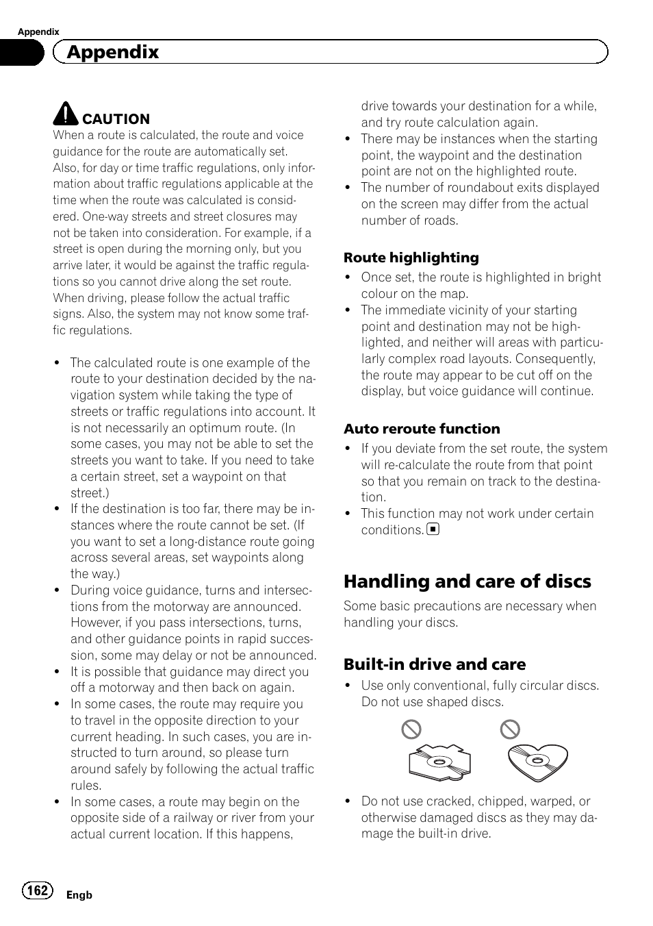 Handling and care of discs, Built-in drive and care 162, Appendix | Built-in drive and care | Pioneer AVIC-F20BT User Manual | Page 162 / 188