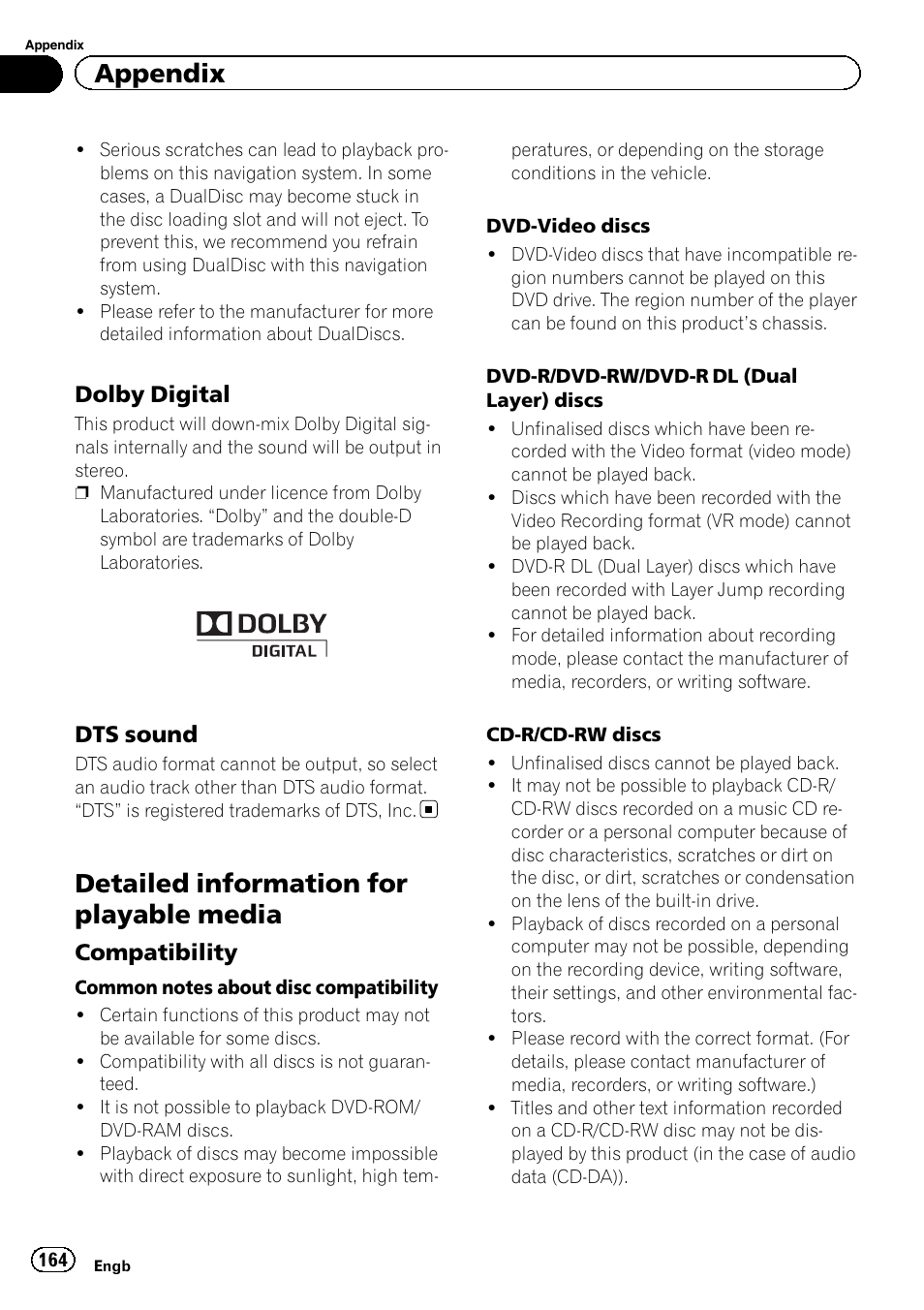 Dolby digital 164, Dts sound 164, Detailed information for playable media | Compatibility 164, Appendix, Dolby digital, Dts sound, Compatibility | Pioneer AVIC-F20BT User Manual | Page 164 / 188