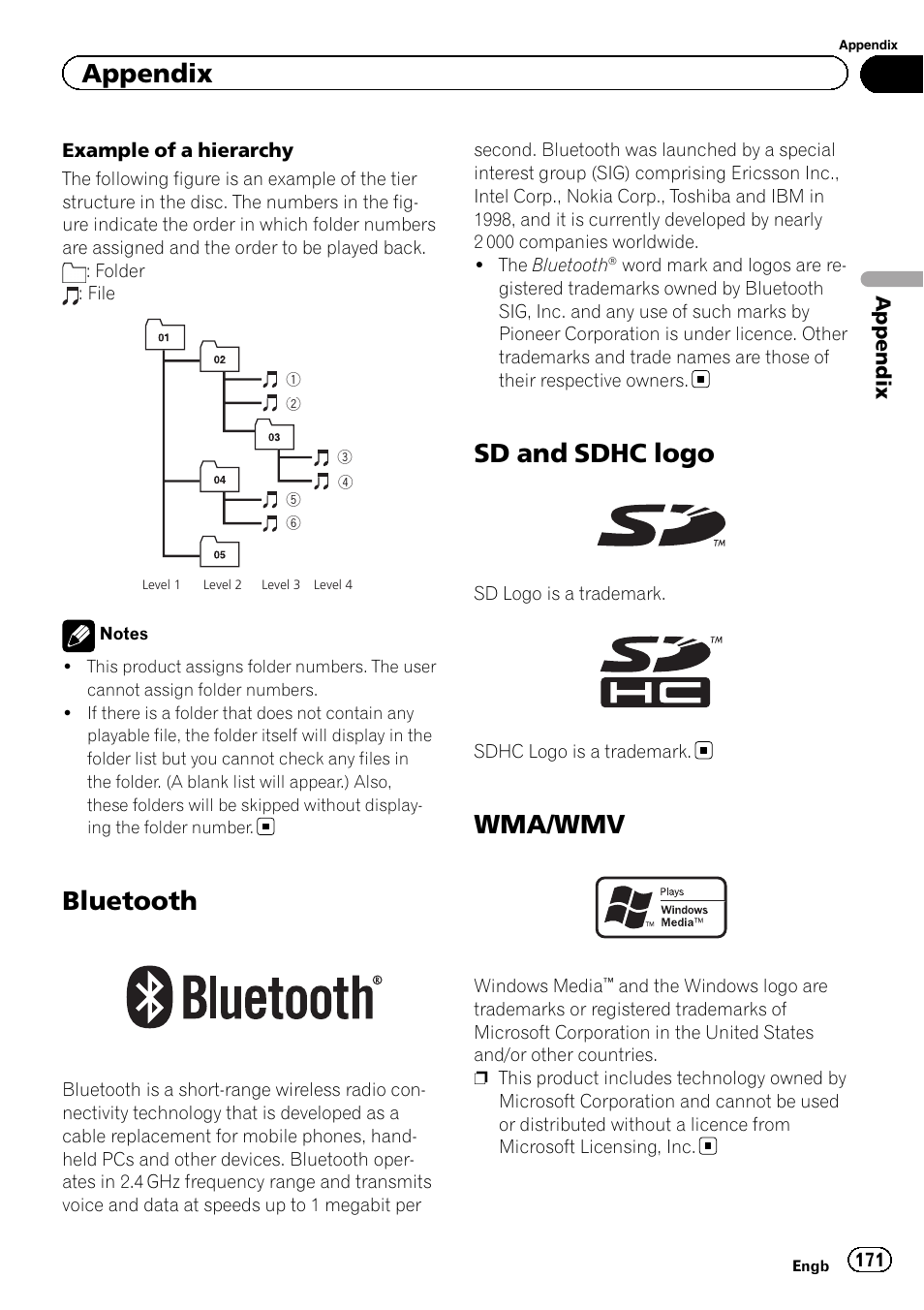 Bluetooth, Sd and sdhc logo, Wma/wmv | Appendix | Pioneer AVIC-F20BT User Manual | Page 171 / 188