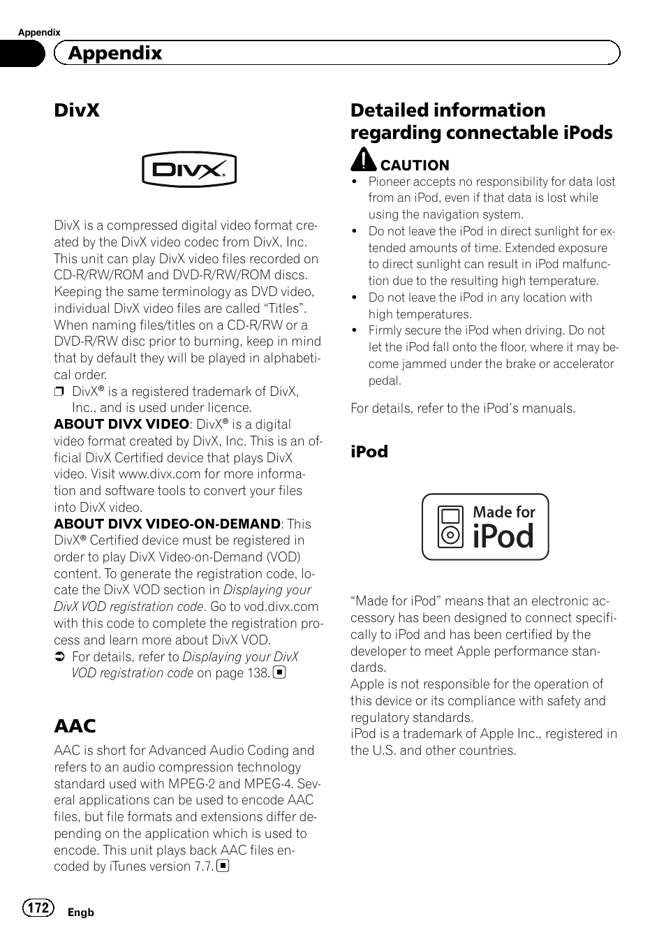 Divx, Detailed information regarding connectable, Ipods | Ipod 172, Detailed information regarding connectable ipods, Appendix, Ipod | Pioneer AVIC-F20BT User Manual | Page 172 / 188