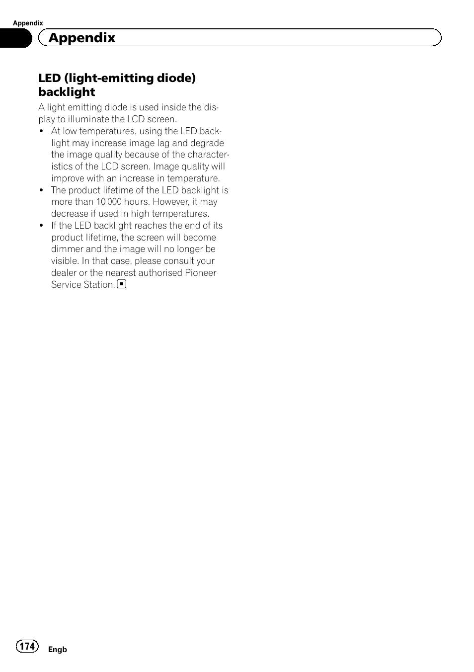 Led (light-emitting diode), Backlight, Appendix | Led (light-emitting diode) backlight | Pioneer AVIC-F20BT User Manual | Page 174 / 188