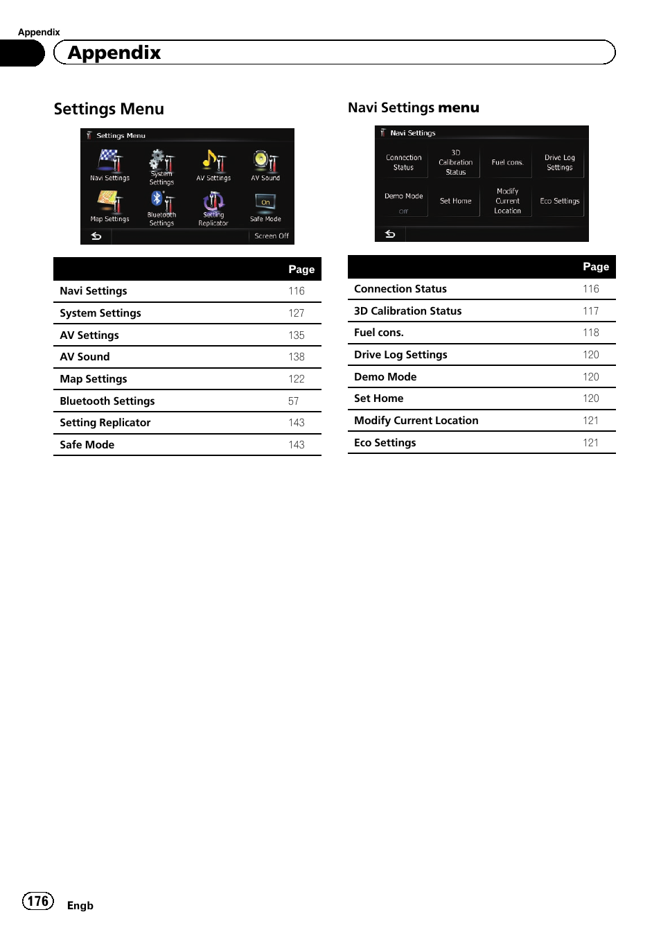 Settings menu 176, Appendix, Settings menu | Navi settings menu | Pioneer AVIC-F20BT User Manual | Page 176 / 188