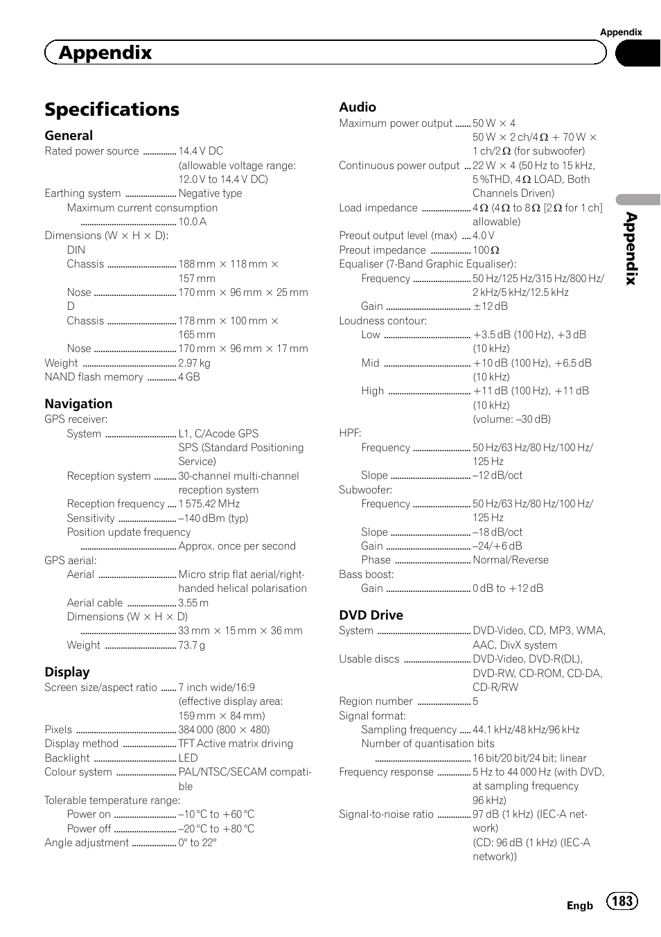 Specifications, Appendix, General | Navigation, Display, Audio, Dvd drive | Pioneer AVIC-F20BT User Manual | Page 183 / 188