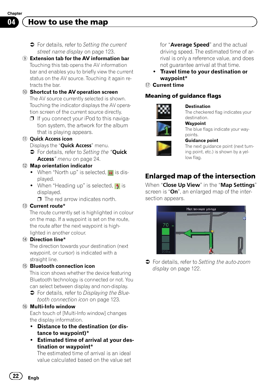 Enlarged map of the intersection 22, 04 how to use the map | Pioneer AVIC-F20BT User Manual | Page 22 / 188