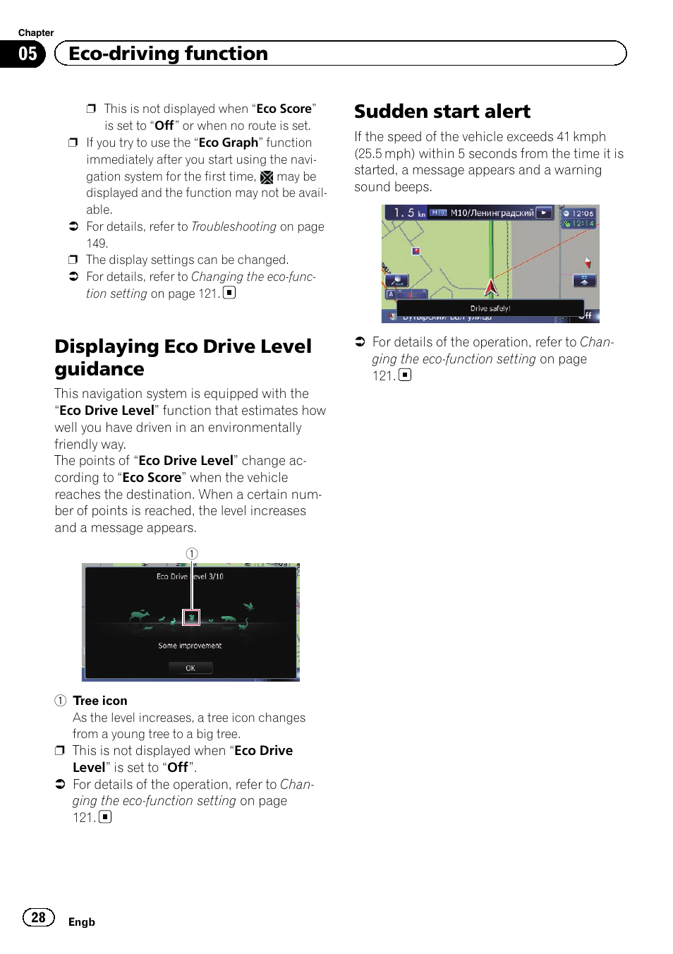 Displaying eco drive level guidance, Sudden start alert, 05 eco-driving function | Pioneer AVIC-F20BT User Manual | Page 28 / 188