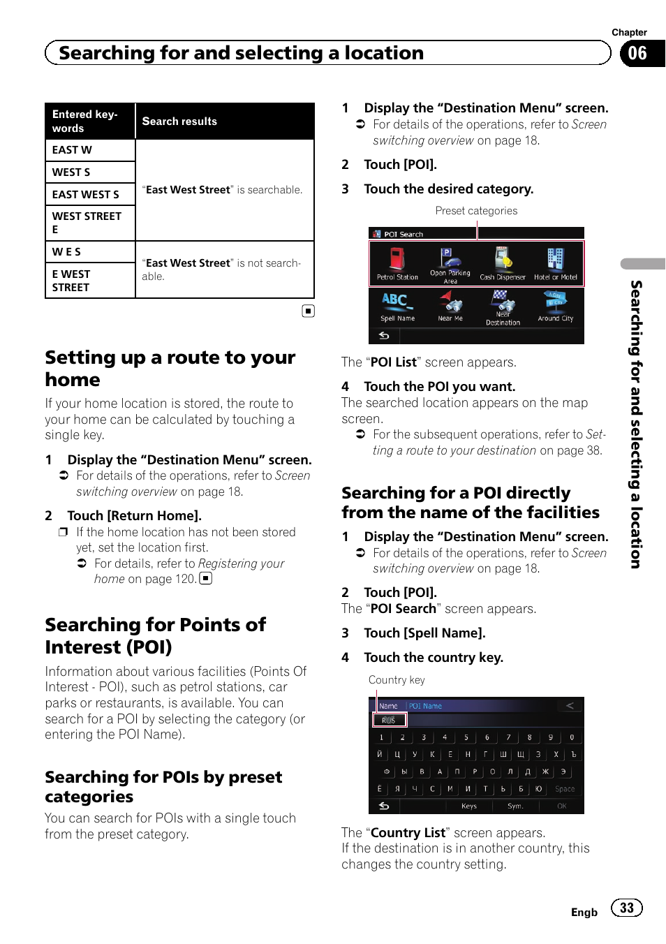 Setting up a route to your home, Searching for points of interest (poi), Searching for pois by preset | Categories, Searching for a poi directly from the, Name of the facilities, Searching for and selecting a location, Searching for pois by preset categories | Pioneer AVIC-F20BT User Manual | Page 33 / 188