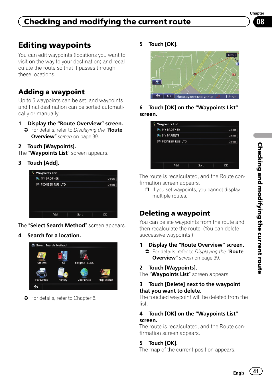 Editing waypoints, Adding a waypoint 41, Deleting a waypoint 41 | Editing waypoints on, Checking and modifying the current route, Adding a waypoint, Deleting a waypoint | Pioneer AVIC-F20BT User Manual | Page 41 / 188