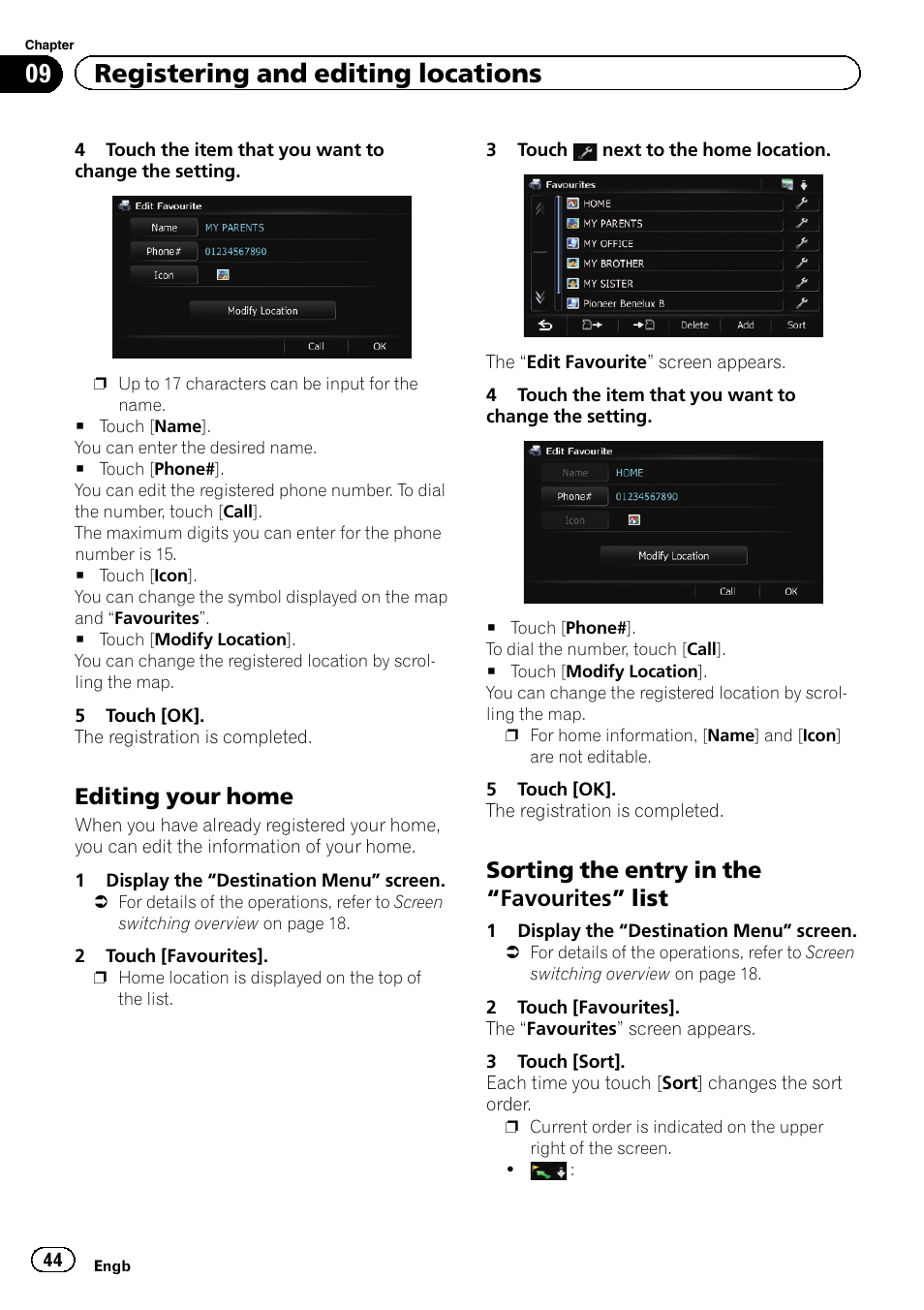 Editing your home 44, Sorting the entry in the “favourites, List | 09 registering and editing locations, Editing your home, Sorting the entry in the “favourites” list | Pioneer AVIC-F20BT User Manual | Page 44 / 188