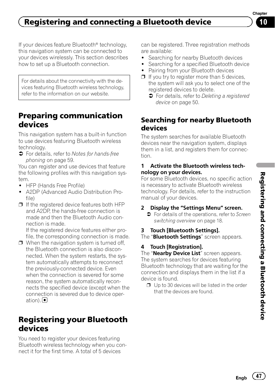 Registering your bluetooth devices, Searching for nearby bluetooth, Devices | Preparing communication devices, Registering and connecting a bluetooth device, Searching for nearby bluetooth devices | Pioneer AVIC-F20BT User Manual | Page 47 / 188