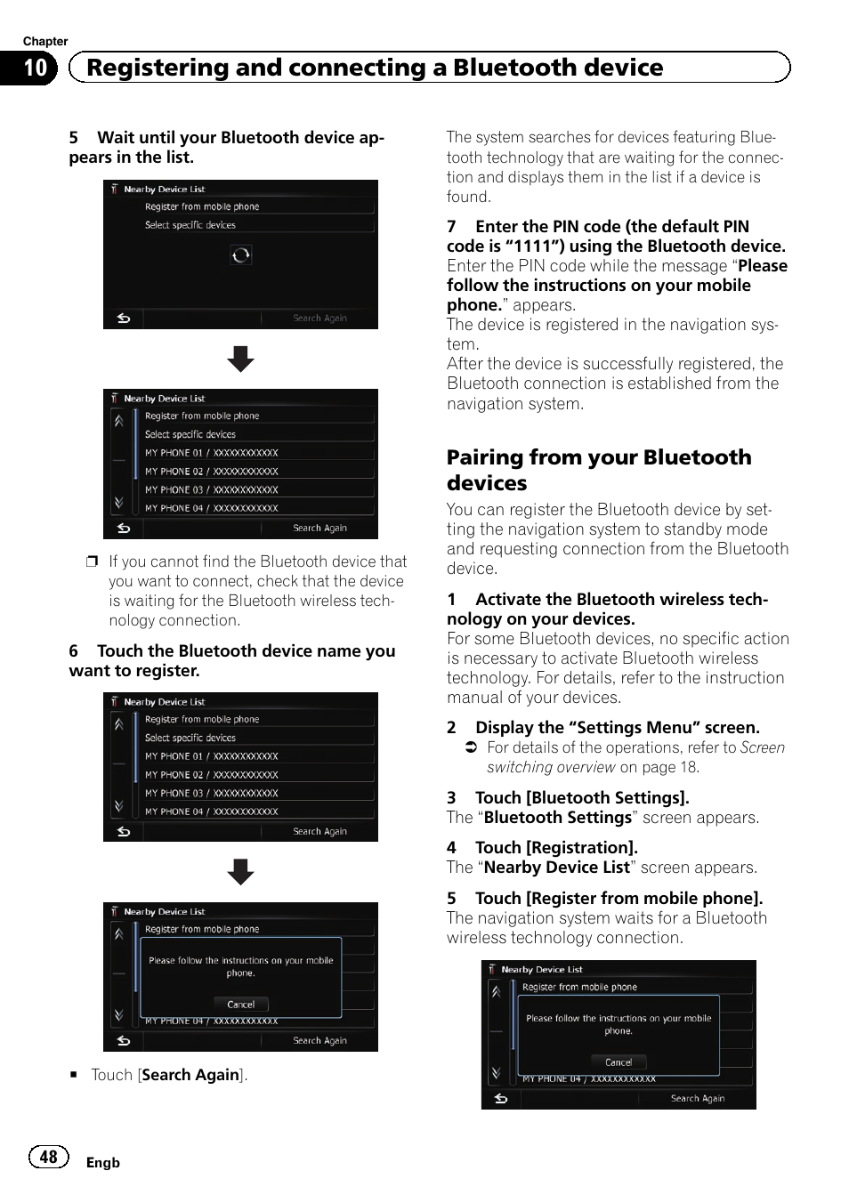 Pairing from your bluetooth, Devices, 10 registering and connecting a bluetooth device | Pairing from your bluetooth devices | Pioneer AVIC-F20BT User Manual | Page 48 / 188