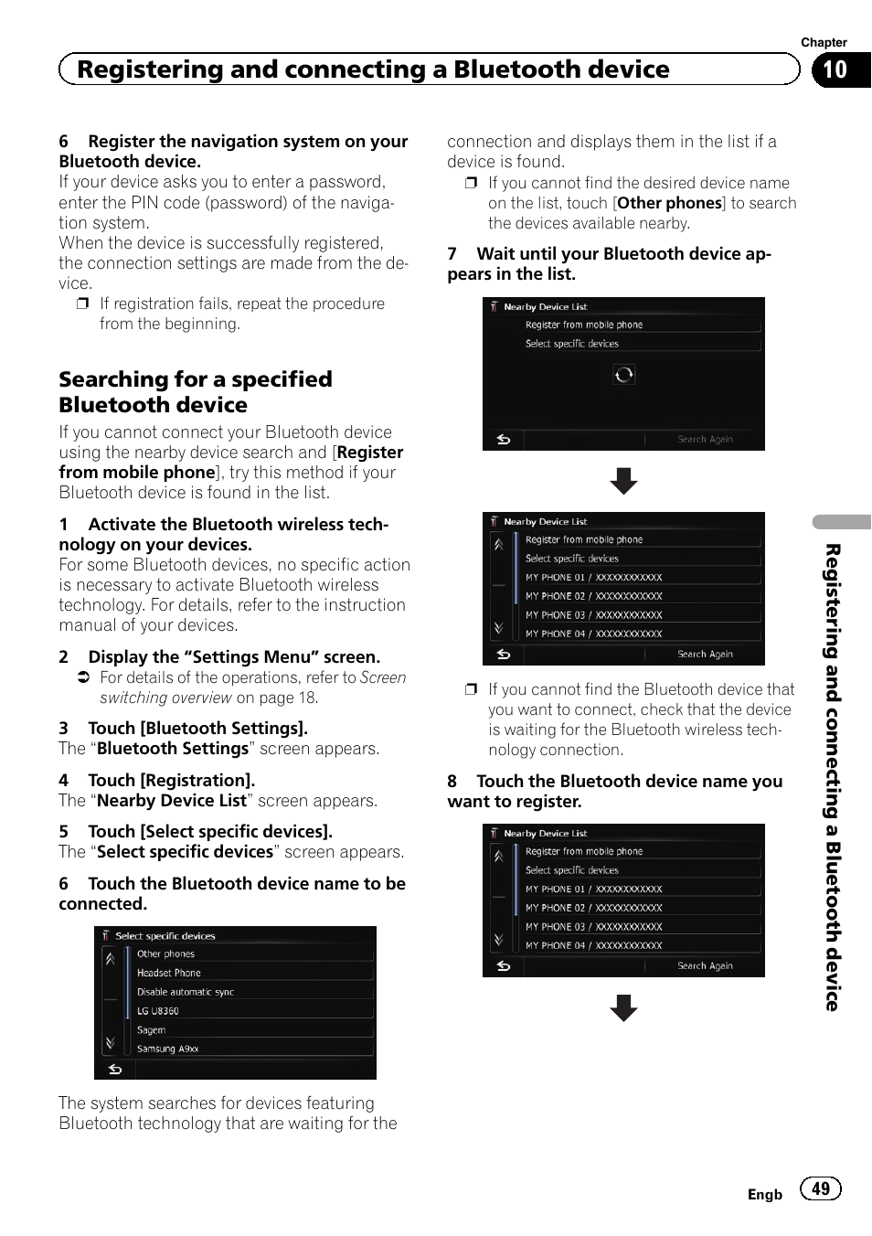 Searching for a specified bluetooth, Device, Registering and connecting a bluetooth device | Searching for a specified bluetooth device | Pioneer AVIC-F20BT User Manual | Page 49 / 188