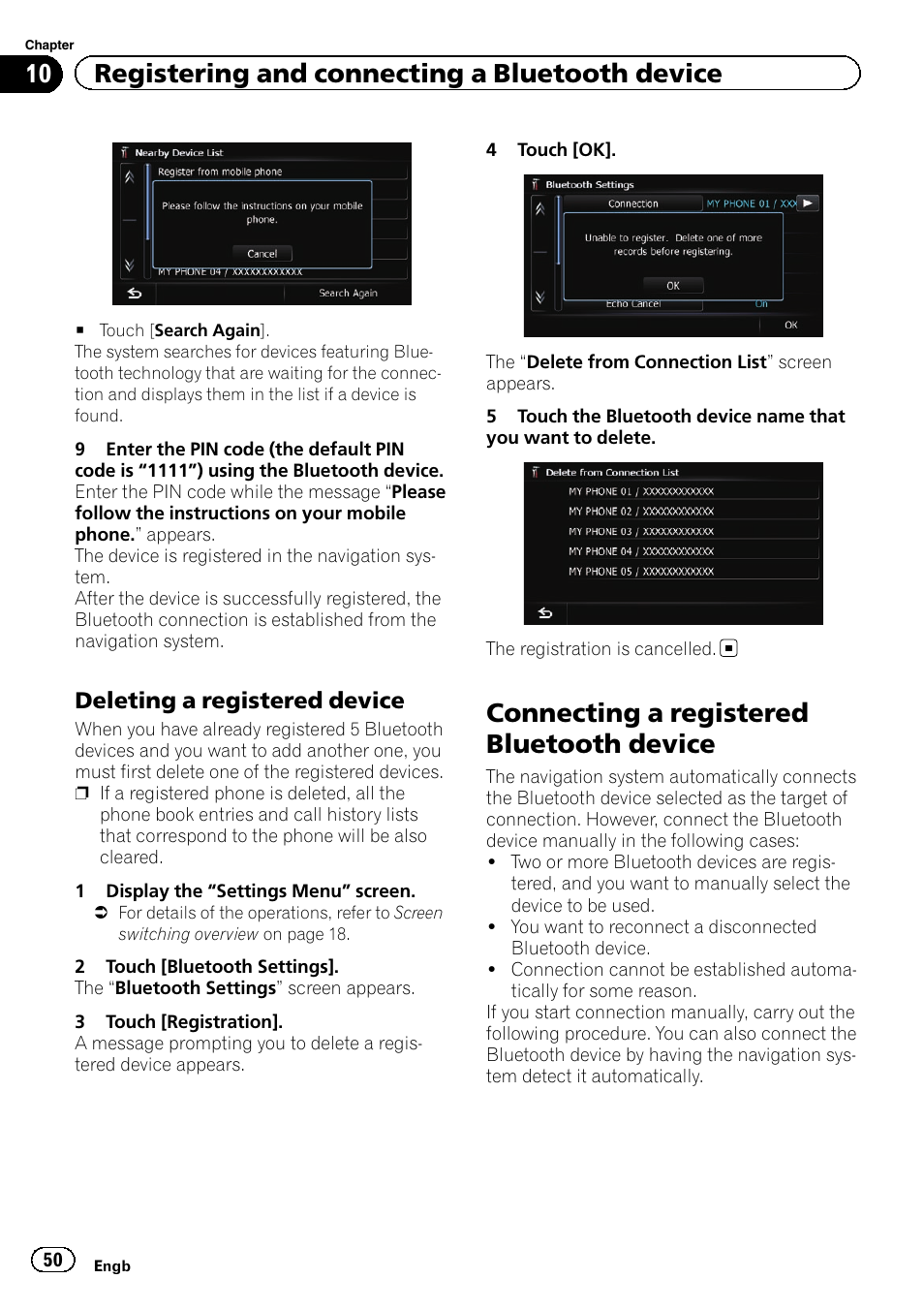 Deleting a registered device 50, Connecting a registered bluetooth, Device | Deleting a registered, Connecting a registered bluetooth device, 10 registering and connecting a bluetooth device, Deleting a registered device | Pioneer AVIC-F20BT User Manual | Page 50 / 188