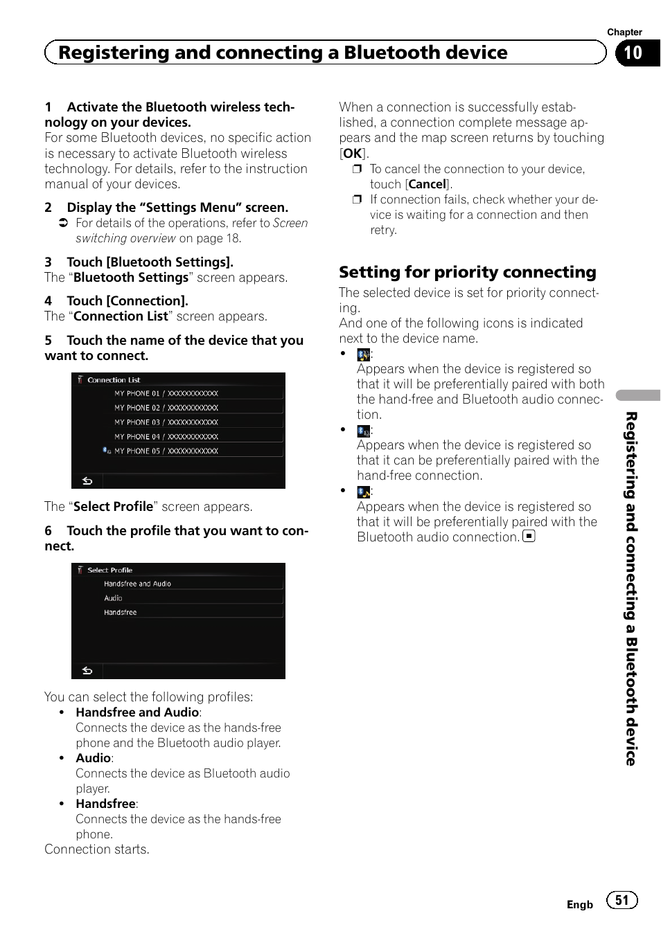 Setting for priority connecting 51, Registering and connecting a bluetooth device, Setting for priority connecting | Pioneer AVIC-F20BT User Manual | Page 51 / 188