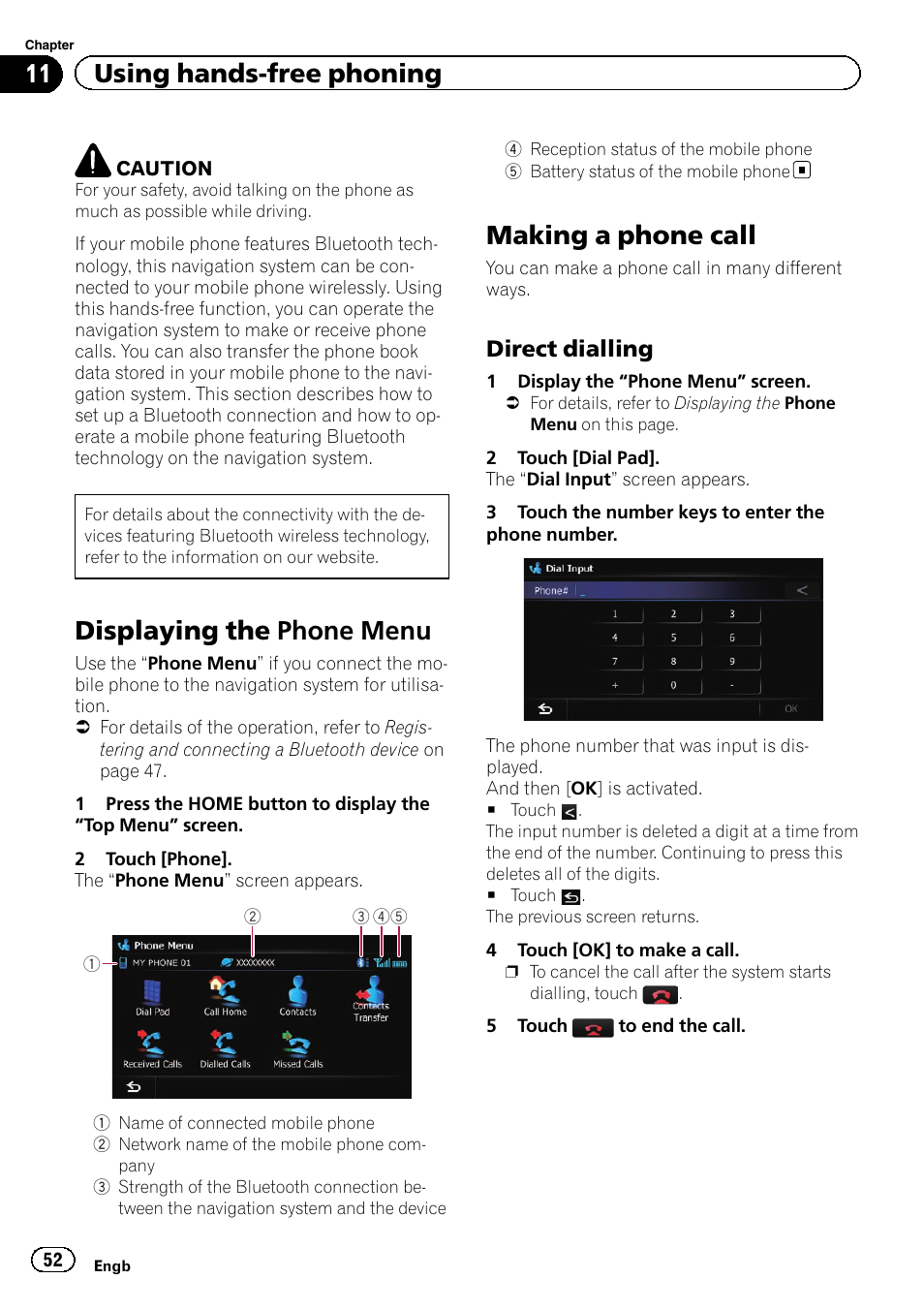 Using hands-free phoning displaying the phone menu, Making a phone call, Direct dialling 52 | Displaying the phone menu, 11 using hands-free phoning, Direct dialling | Pioneer AVIC-F20BT User Manual | Page 52 / 188