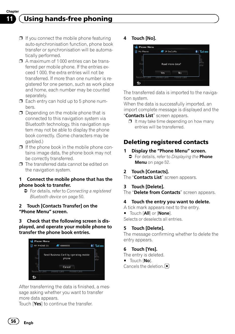 Deleting registered contacts 56, 11 using hands-free phoning, Deleting registered contacts | Pioneer AVIC-F20BT User Manual | Page 56 / 188