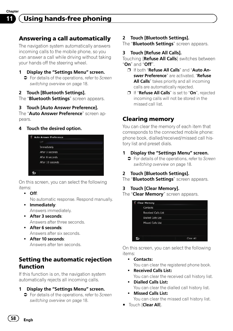 Answering a call automatically 58, Setting the automatic rejection, Function | Clearing memory 58, Answering a call, 11 using hands-free phoning, Answering a call automatically, Setting the automatic rejection function | Pioneer AVIC-F20BT User Manual | Page 58 / 188