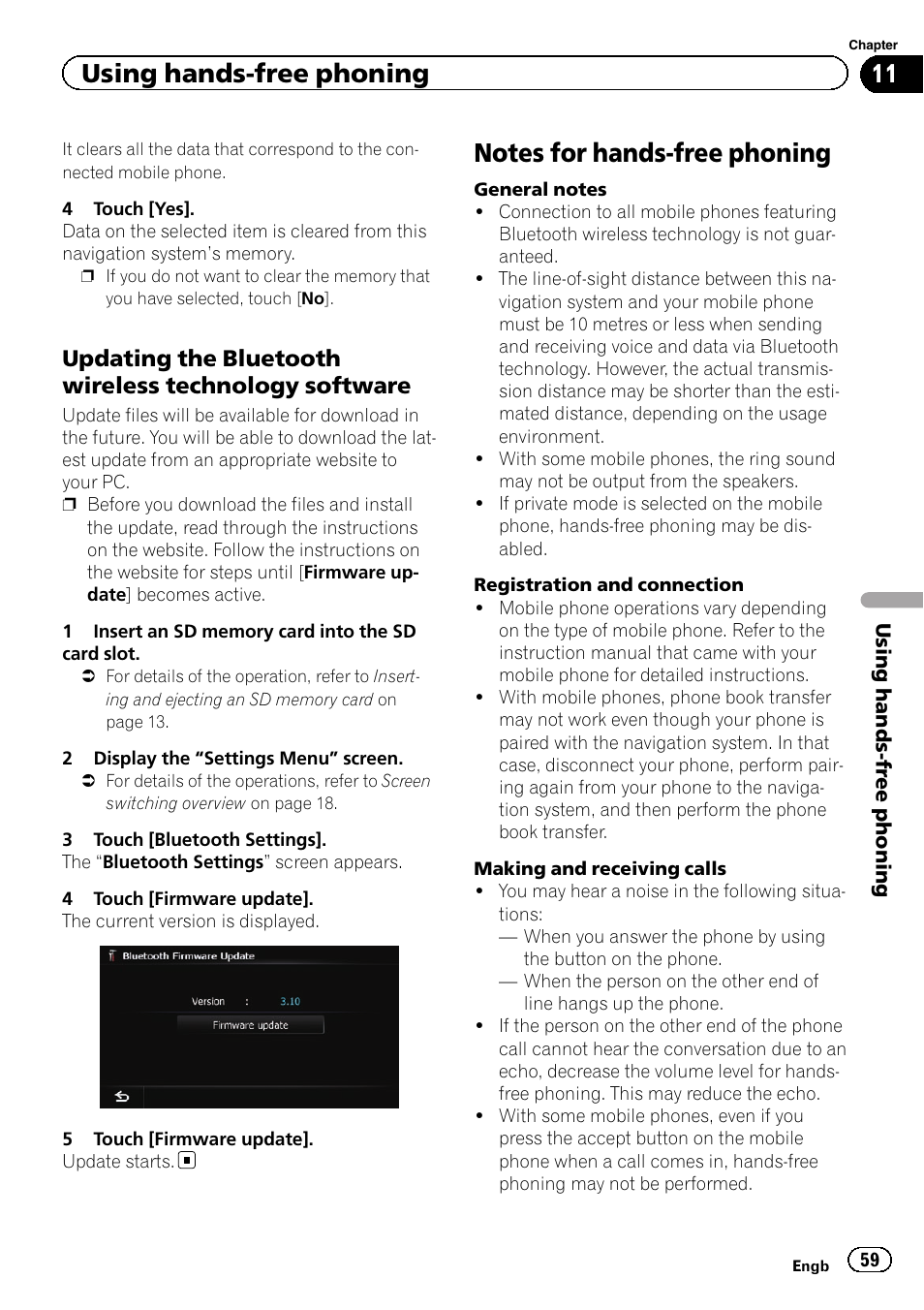 Updating the bluetooth wireless, Technology software, Notes for hands-free phoning | Notes for hands-free, Using hands-free phoning | Pioneer AVIC-F20BT User Manual | Page 59 / 188