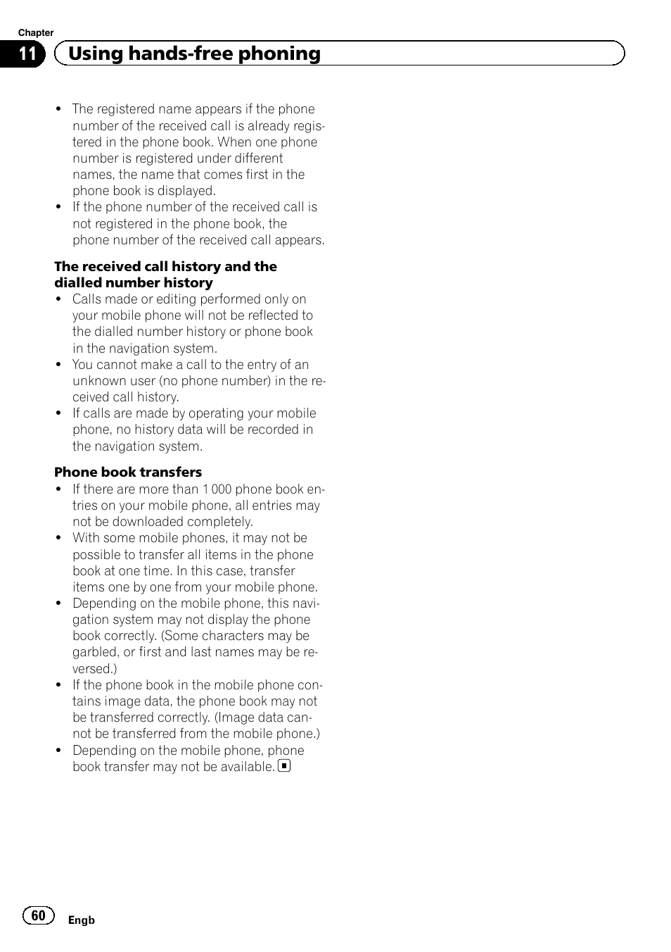 11 using hands-free phoning | Pioneer AVIC-F20BT User Manual | Page 60 / 188