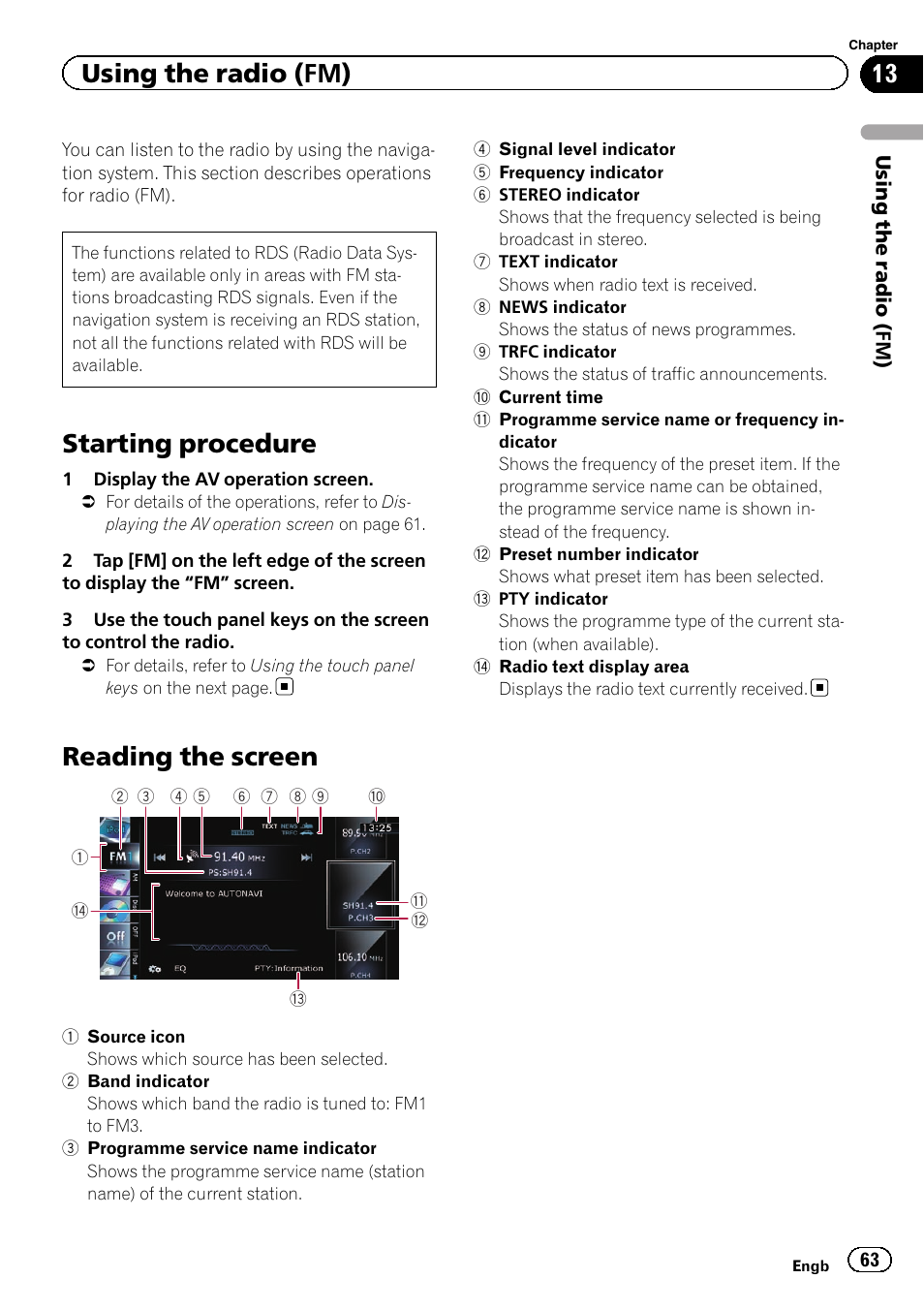 Using the radio (fm) starting procedure, Reading the screen, Starting procedure | Using the radio (fm) | Pioneer AVIC-F20BT User Manual | Page 63 / 188