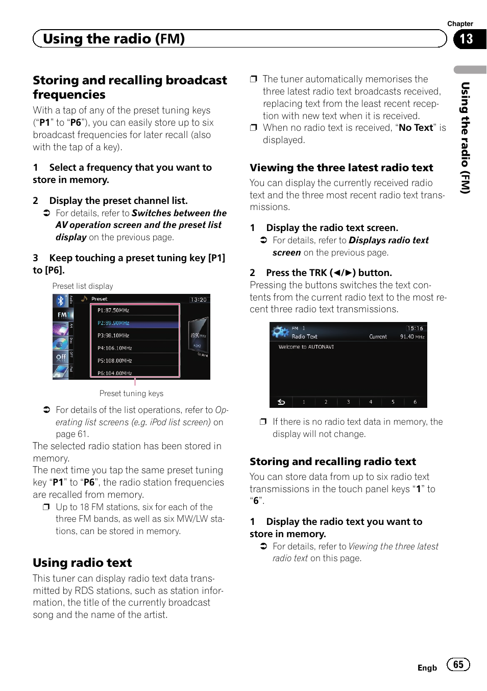 Storing and recalling broadcast, Frequencies, Using radio text 65 | Using the radio (fm), Storing and recalling broadcast frequencies, Using radio text | Pioneer AVIC-F20BT User Manual | Page 65 / 188