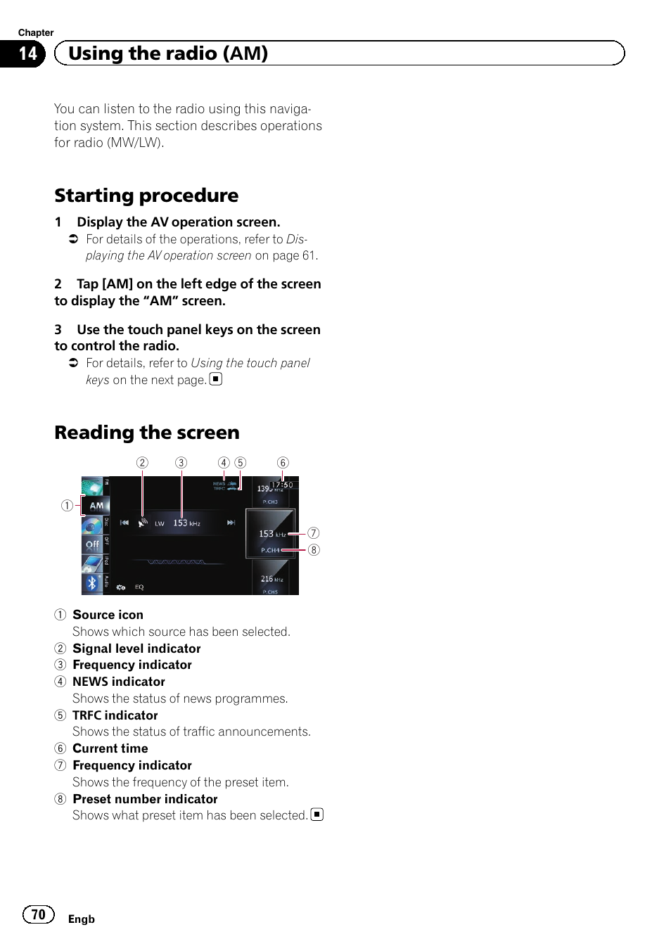 Using the radio (am) starting procedure, Reading the screen, Starting procedure | 14 using the radio (am) | Pioneer AVIC-F20BT User Manual | Page 70 / 188