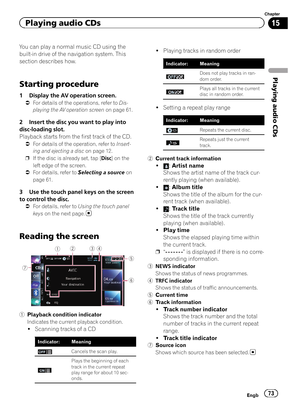 Playing audio cds starting procedure, Reading the screen, Starting procedure | Playing audio cds | Pioneer AVIC-F20BT User Manual | Page 73 / 188