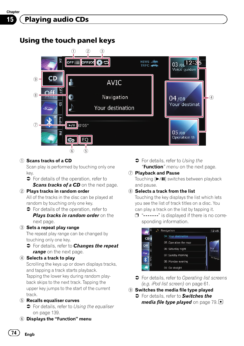 Using the touch panel keys, Using the touch panel, 15 playing audio cds | Pioneer AVIC-F20BT User Manual | Page 74 / 188