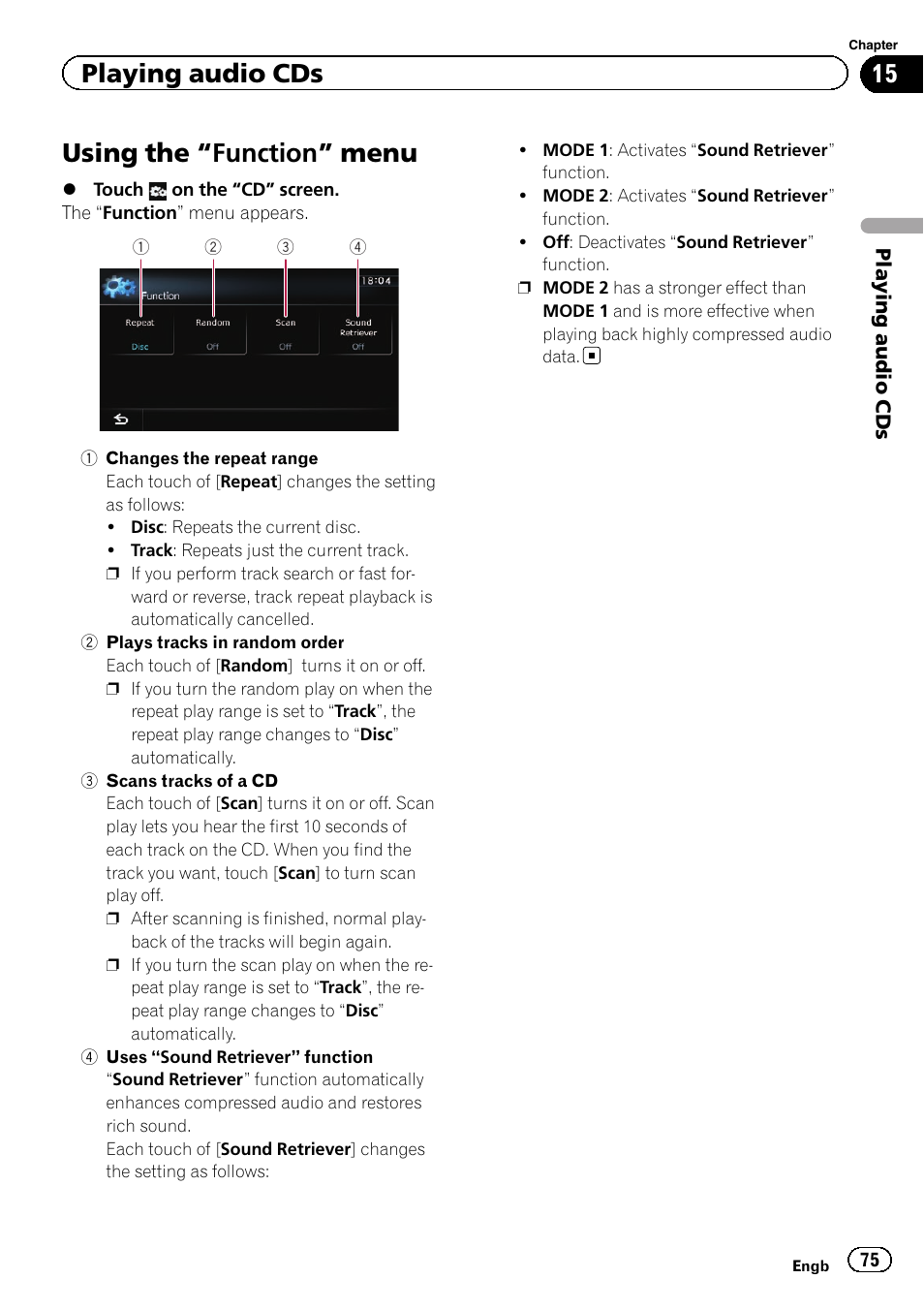 Using the, Function” menu 75, Changes the repeat | Using the “function” menu, Playing audio cds | Pioneer AVIC-F20BT User Manual | Page 75 / 188