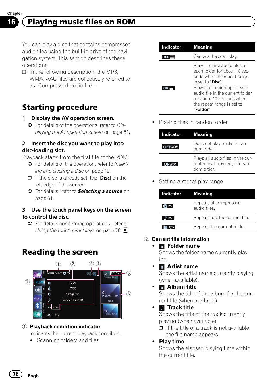 Playing music files on rom starting procedure, Reading the screen, Starting procedure | 16 playing music files on rom | Pioneer AVIC-F20BT User Manual | Page 76 / 188