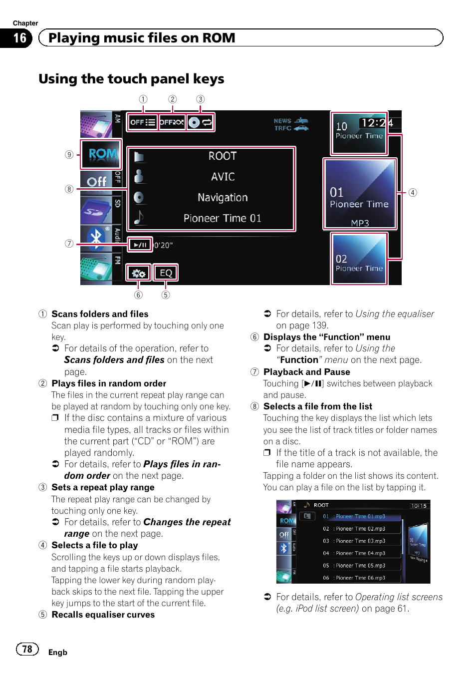Using the touch panel keys, 16 playing music files on rom | Pioneer AVIC-F20BT User Manual | Page 78 / 188