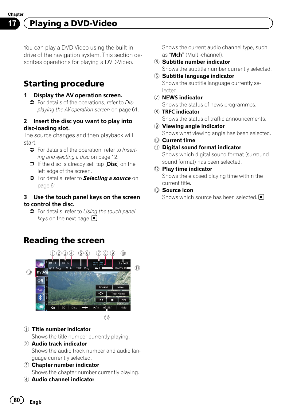 Playing a dvd-video starting procedure, Reading the screen, Starting procedure | 17 playing a dvd-video | Pioneer AVIC-F20BT User Manual | Page 80 / 188