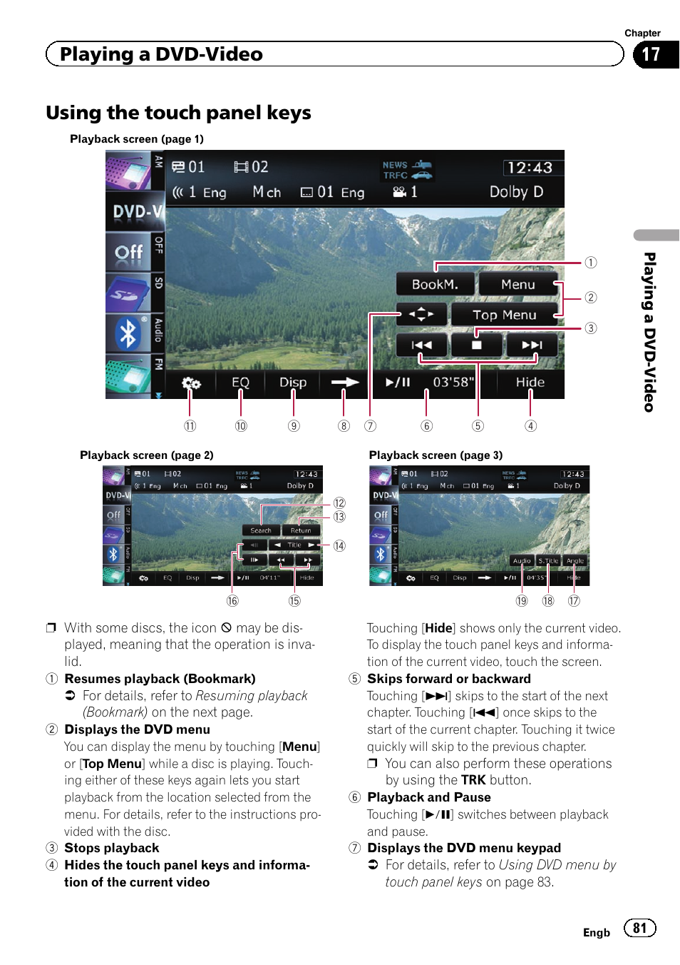 Using the touch panel keys, Using the touch panel, Playing a dvd-video | Pioneer AVIC-F20BT User Manual | Page 81 / 188