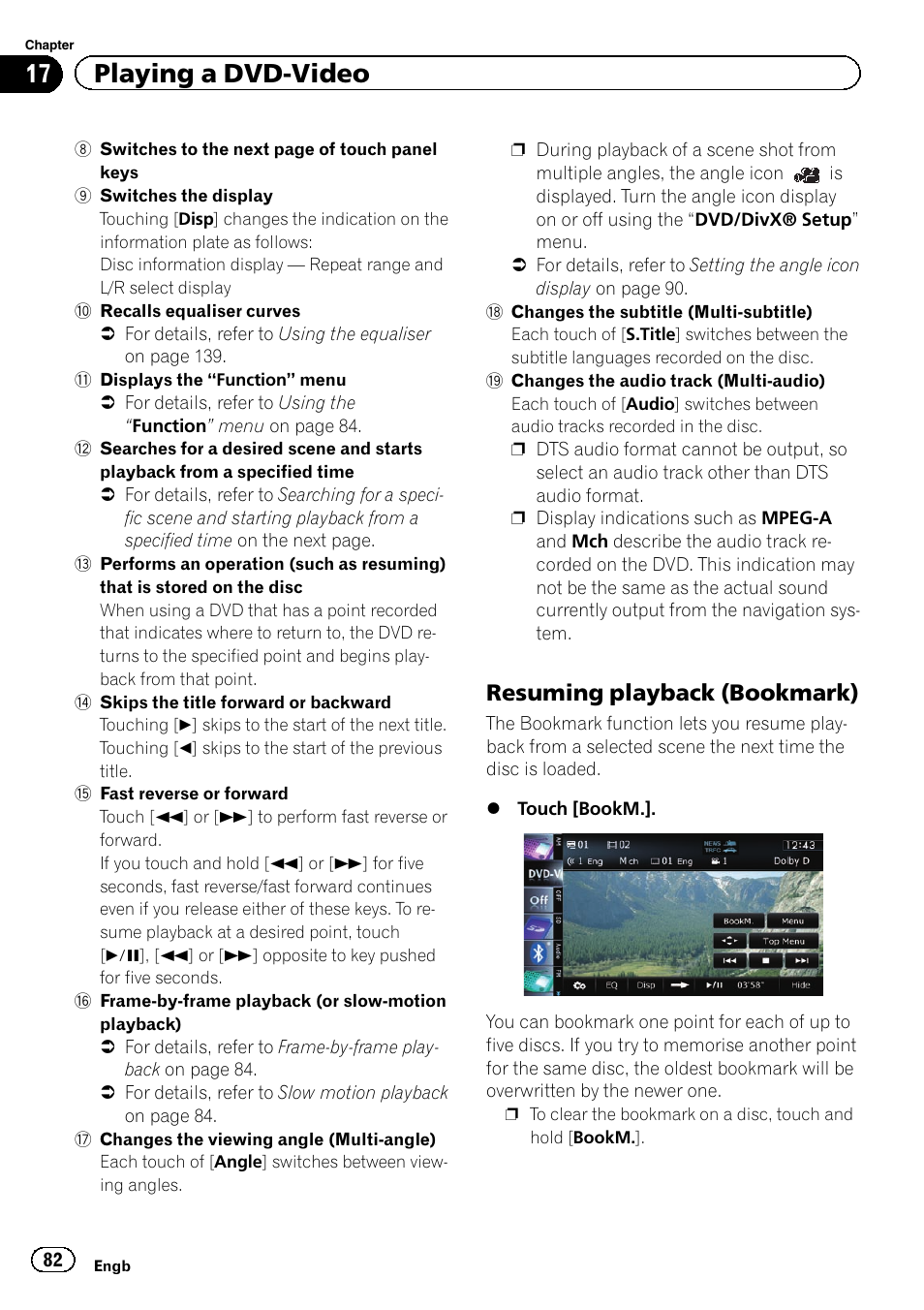 Resuming playback (bookmark) 82, Resuming playback, 17 playing a dvd-video | Resuming playback (bookmark) | Pioneer AVIC-F20BT User Manual | Page 82 / 188