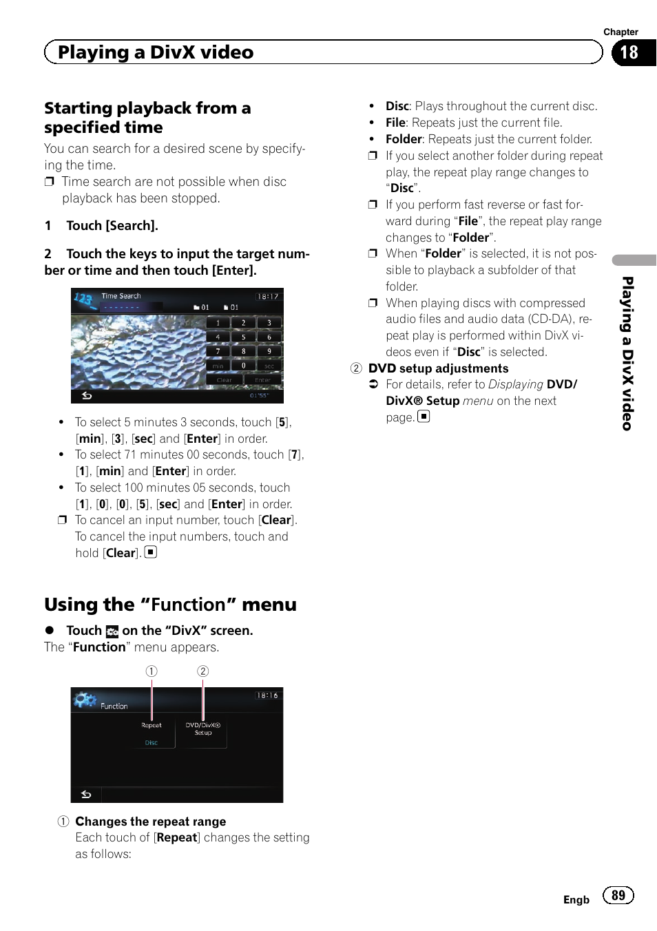 Starting playback from a specified, Time, Using the | Function” menu 89, Changes the repeat, Starting playback, Using the “function” menu, Playing a divx video, Starting playback from a specified time | Pioneer AVIC-F20BT User Manual | Page 89 / 188