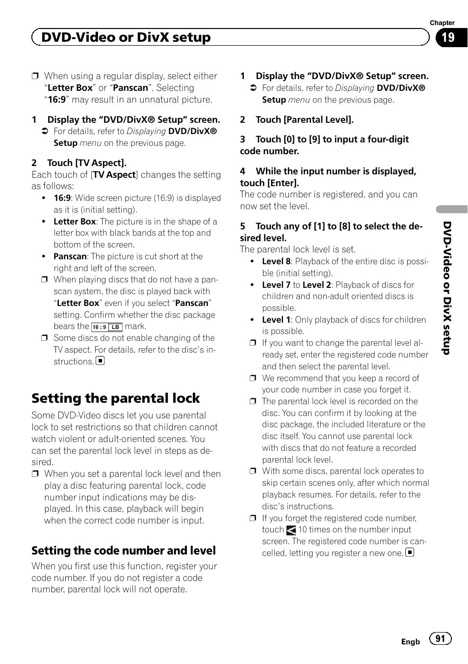 Setting the parental lock, Setting the code number and level 91, Dvd-video or divx setup | Setting the code number and level | Pioneer AVIC-F20BT User Manual | Page 91 / 188