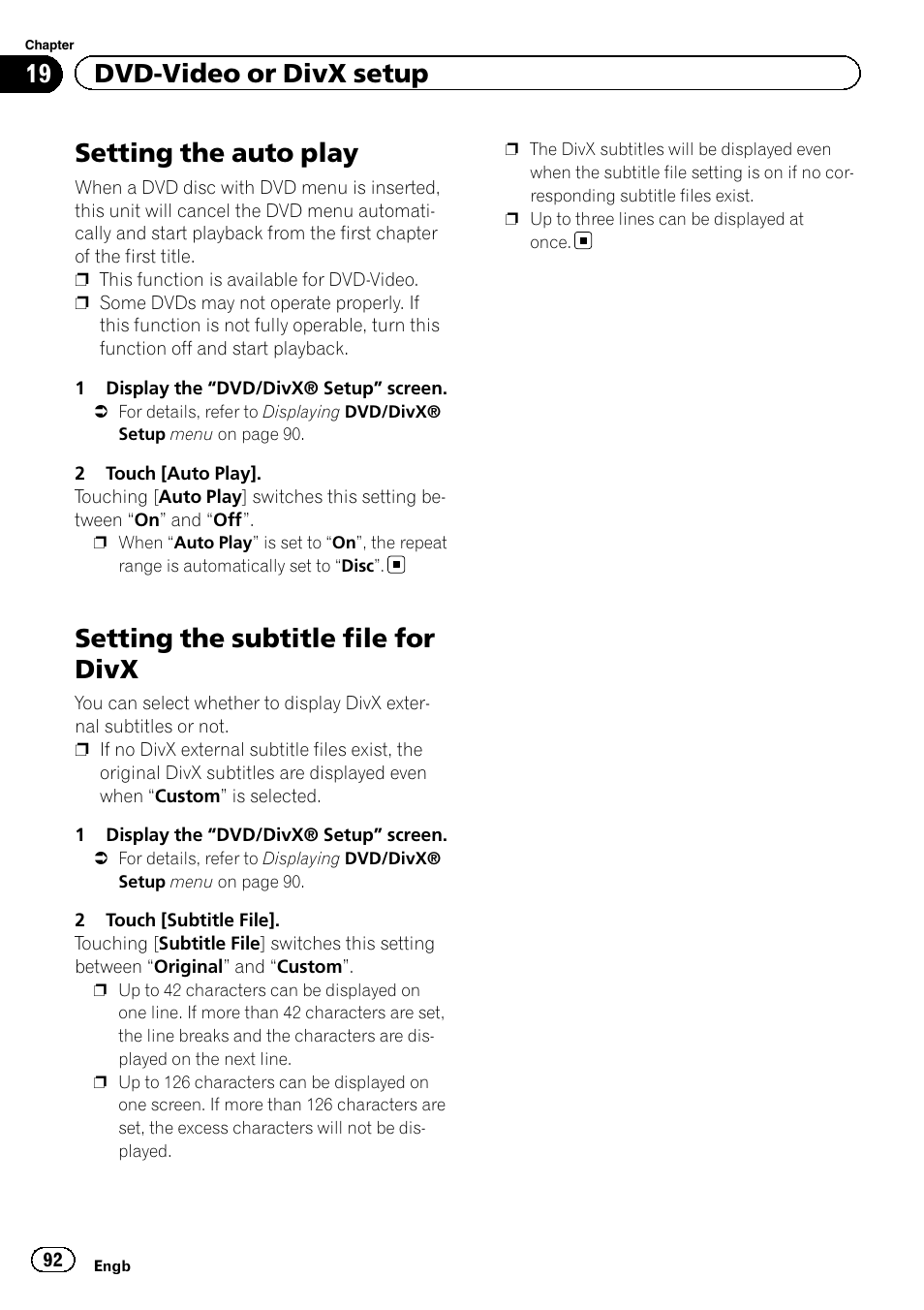 Setting the auto play, Setting the subtitle file for divx, 19 dvd-video or divx setup | Pioneer AVIC-F20BT User Manual | Page 92 / 188