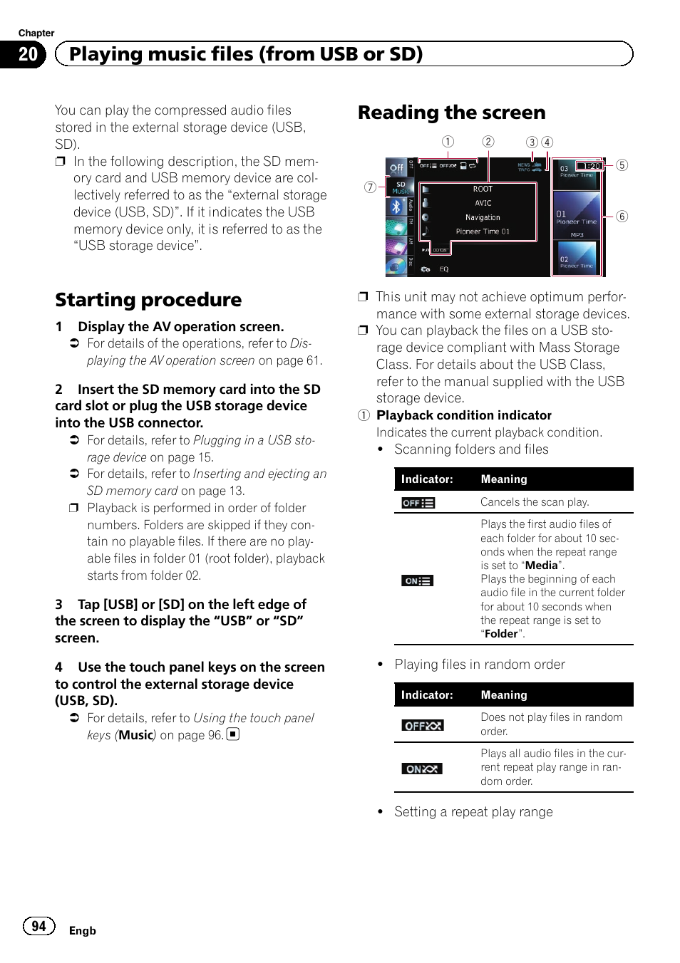 Reading the screen, Starting procedure, 20 playing music files (from usb or sd) | Pioneer AVIC-F20BT User Manual | Page 94 / 188