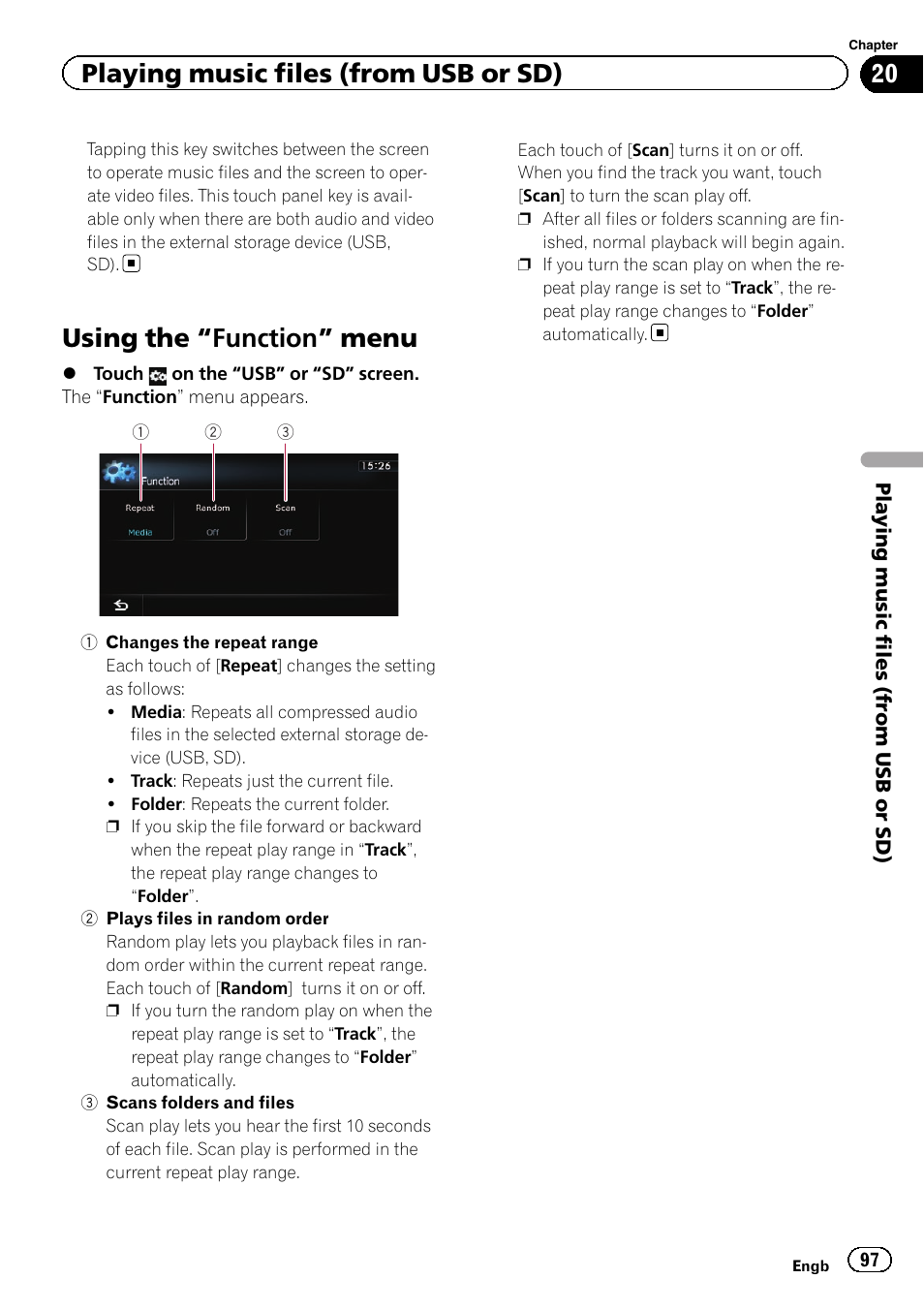 Using the, Function” menu 97, Changes the repeat | Using the “function” menu, Playing music files (from usb or sd) | Pioneer AVIC-F20BT User Manual | Page 97 / 188