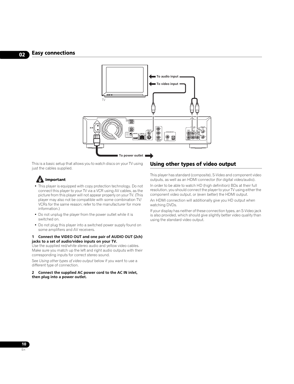 Easy connections, Using other types of video output | Pioneer BDP-LX70A User Manual | Page 10 / 64