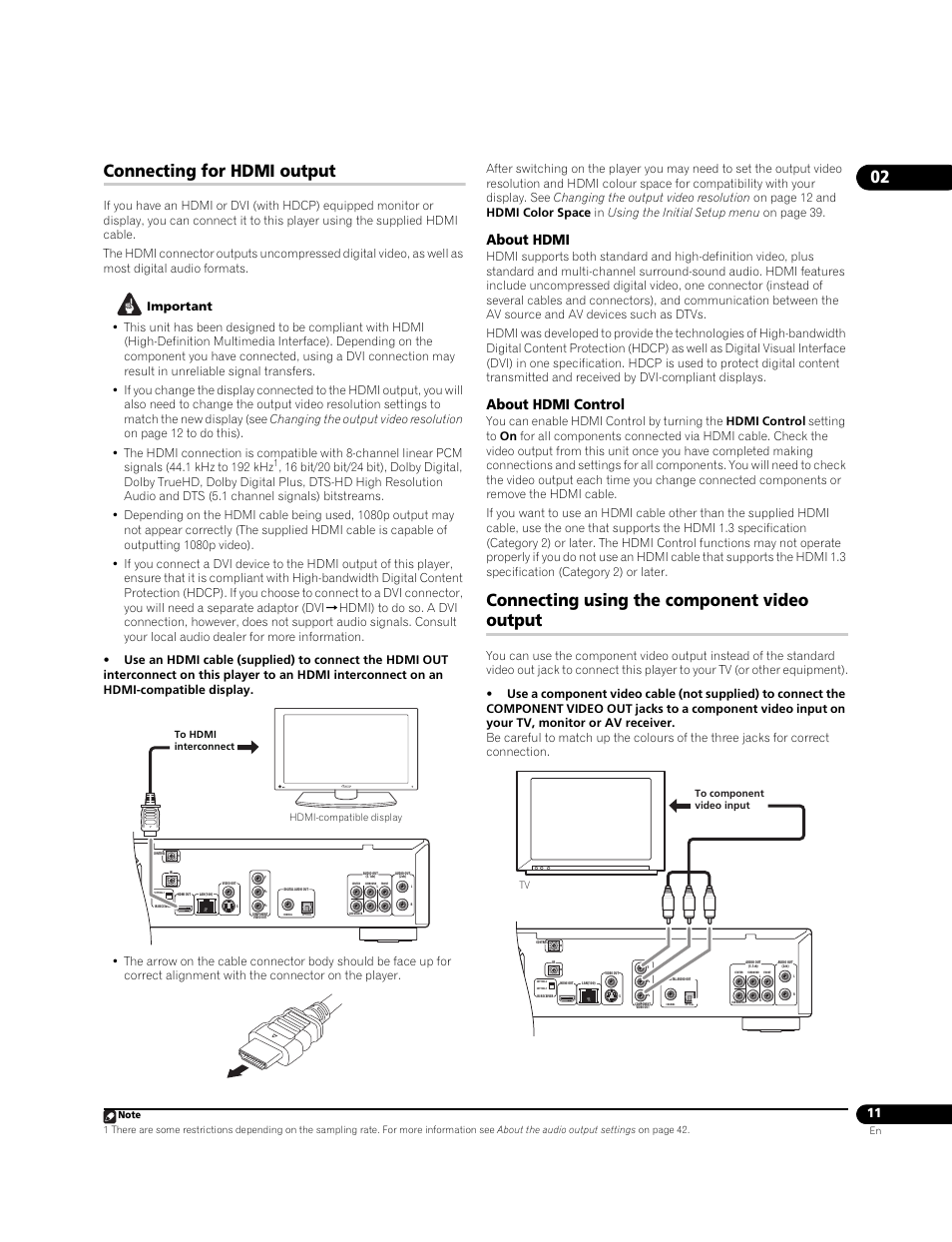 Connecting for hdmi output, Connecting using the component video output, About hdmi | About hdmi control | Pioneer BDP-LX70A User Manual | Page 11 / 64