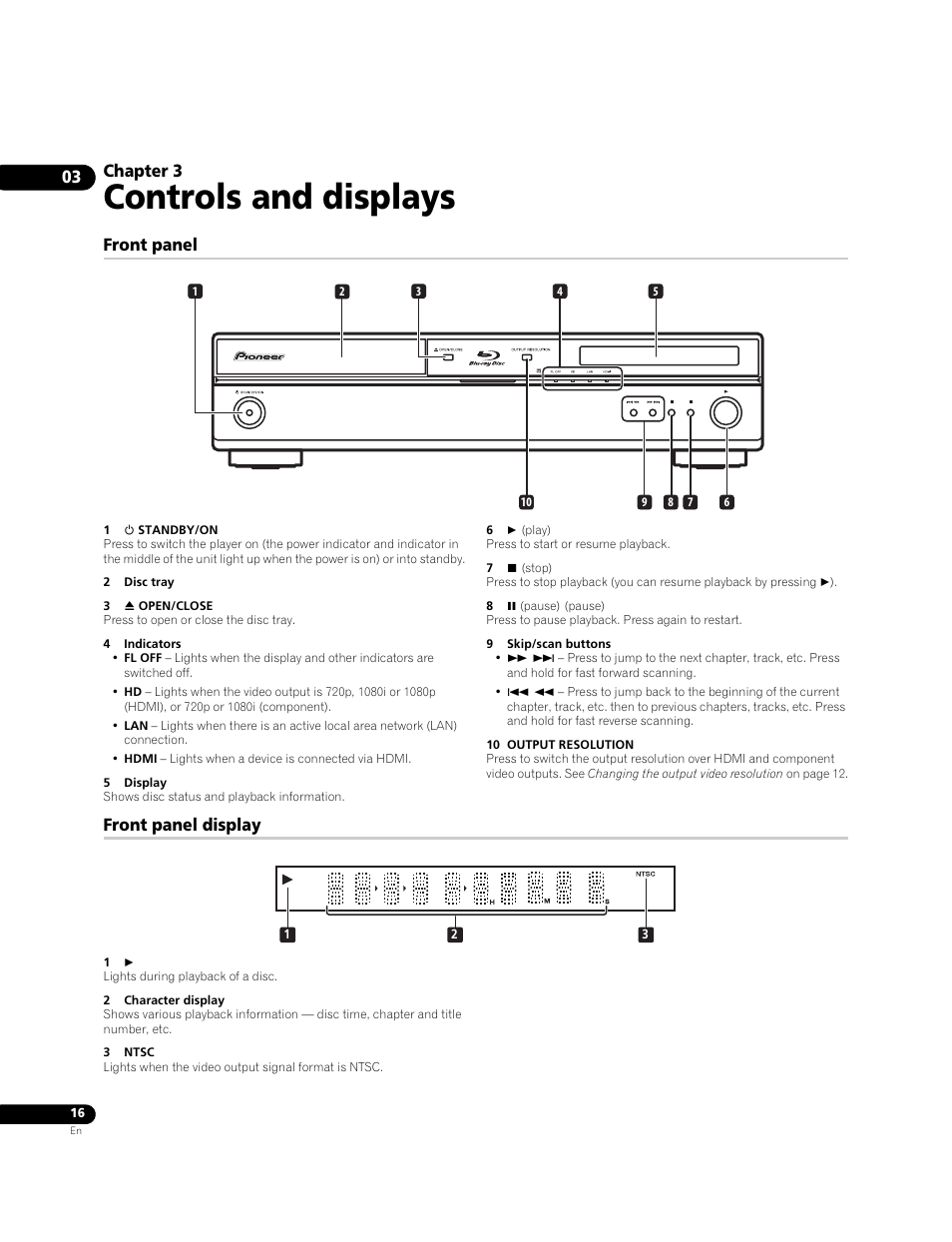 03 controls and displays, Front panel, Front panel display | Controls and displays, Chapter 3 | Pioneer BDP-LX70A User Manual | Page 16 / 64