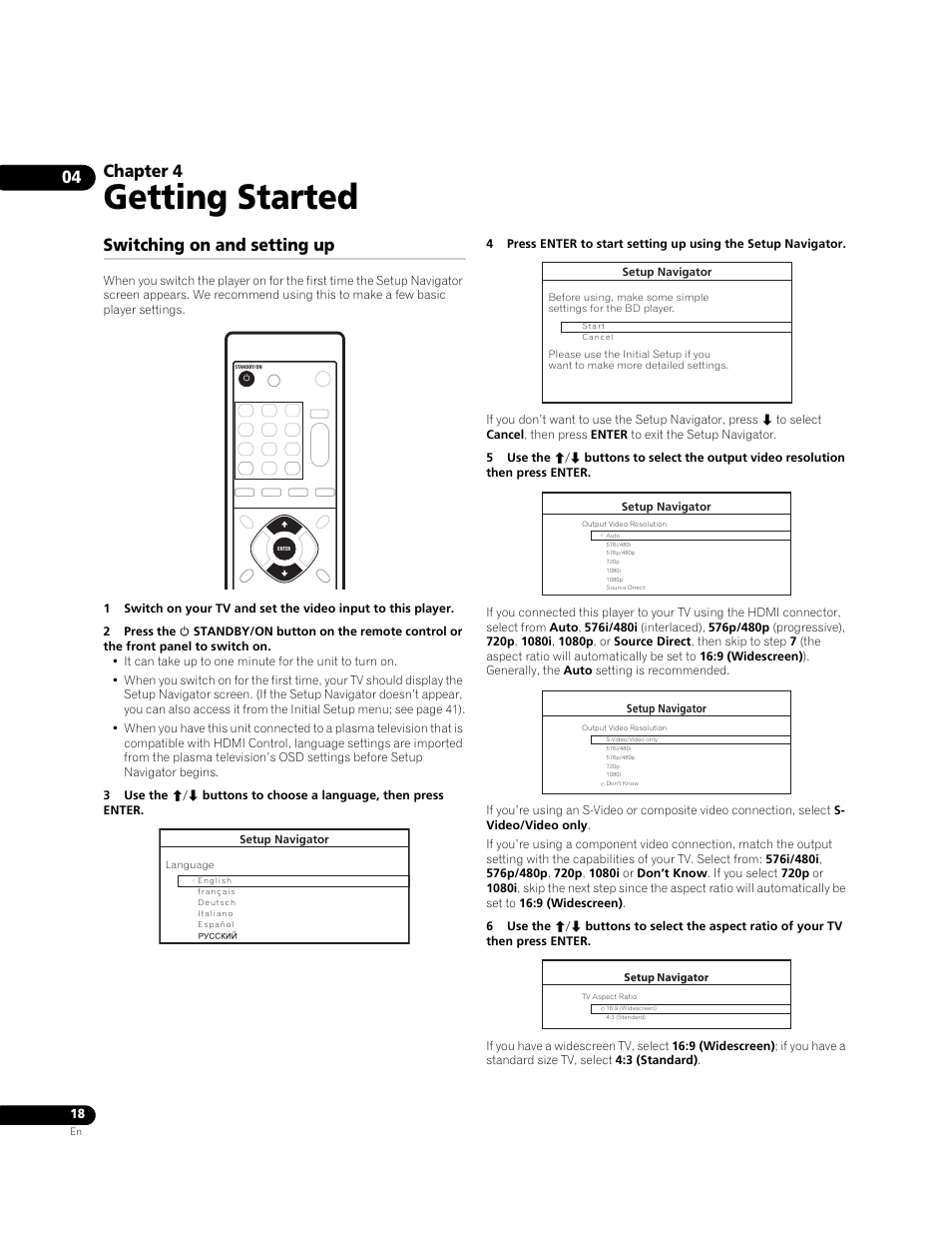 04 getting started, Switching on and setting up, Getting started | Chapter 4 | Pioneer BDP-LX70A User Manual | Page 18 / 64