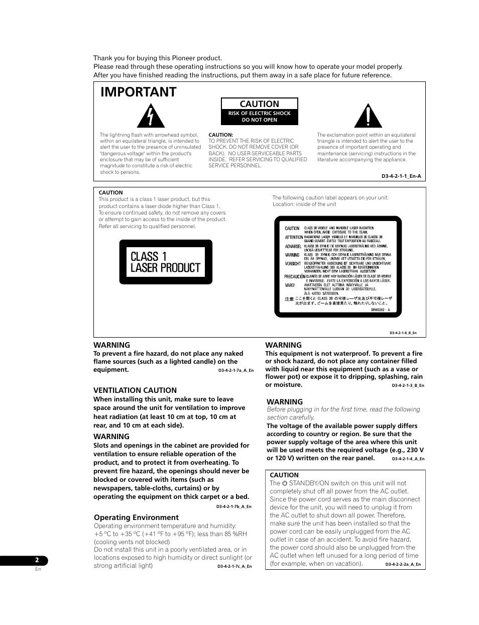 Important, Caution | Pioneer BDP-LX70A User Manual | Page 2 / 64